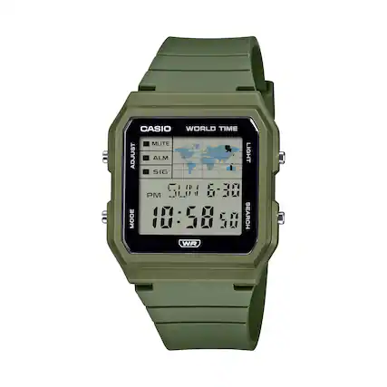 A B CASIO WORLD TIME MUTE ADJUST ALM LIGHT SIG PM GLI4 6-30 MODE 10:58 58 SEARCH WR