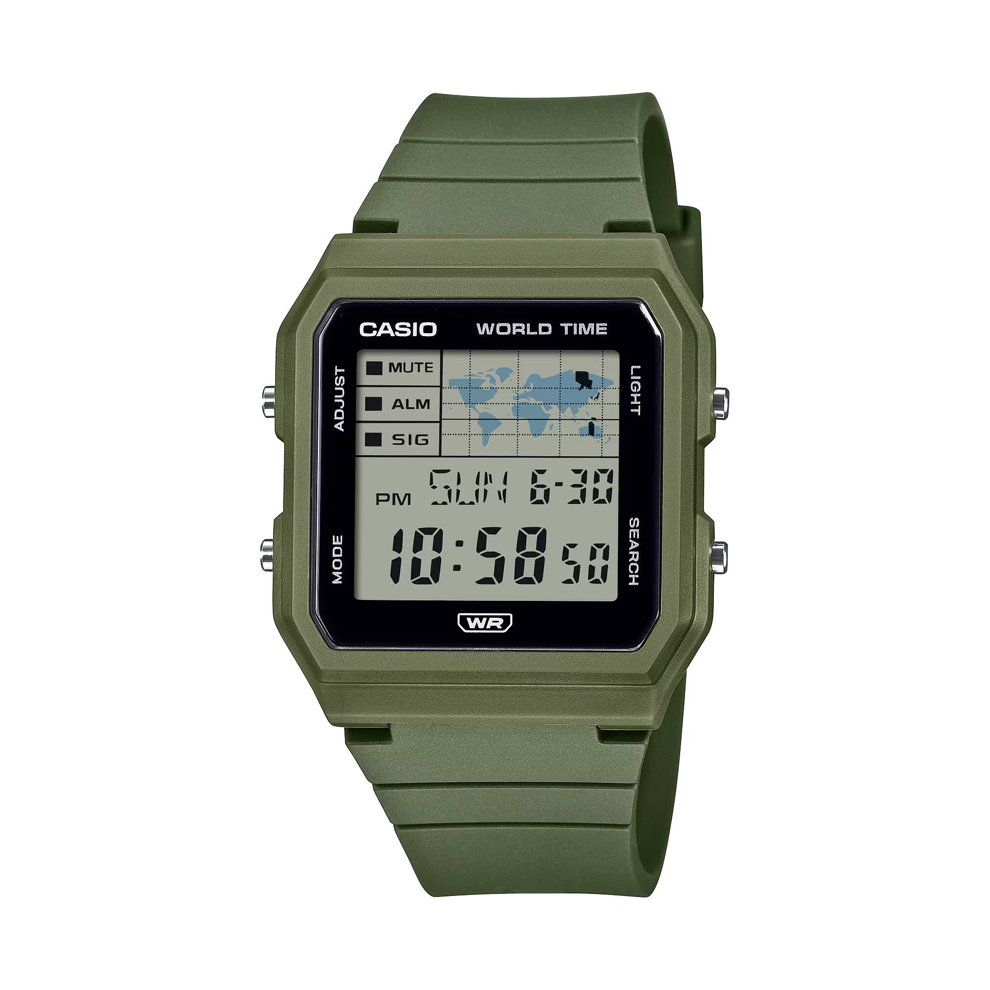 A B CASIO WORLD TIME MUTE ADJUST ALM LIGHT SIG PM GLI4 6-30 MODE 10:58 58 SEARCH WR