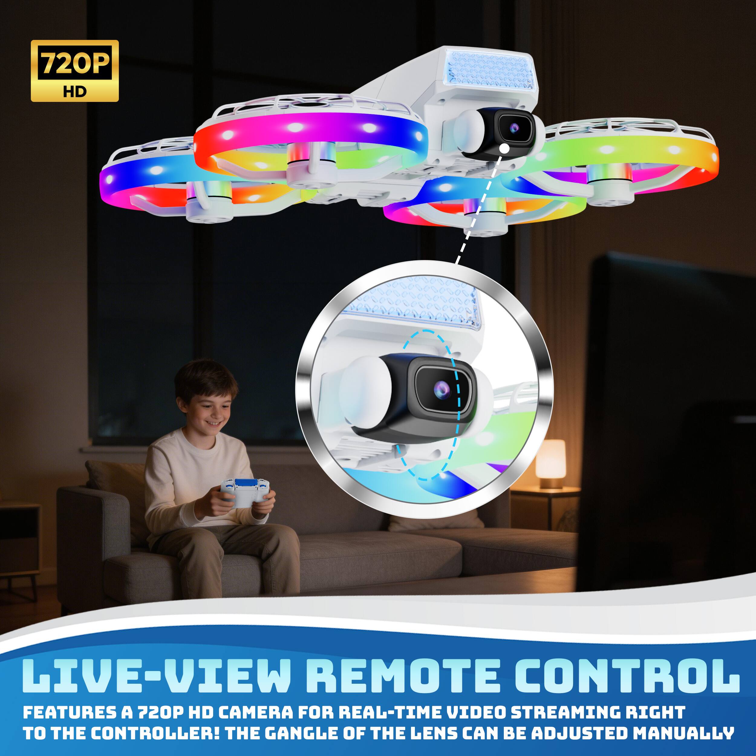 720P HD LIVE-VIEW REMOTE CONTROL FEATURES A 720P HD CAMERA FOR REAL-TIME VIDEO STREAMING RIGHT TO THE CONTROLLER! THE GANGLION OF THE LENS CAN BE ADJUSTED MANUALLY