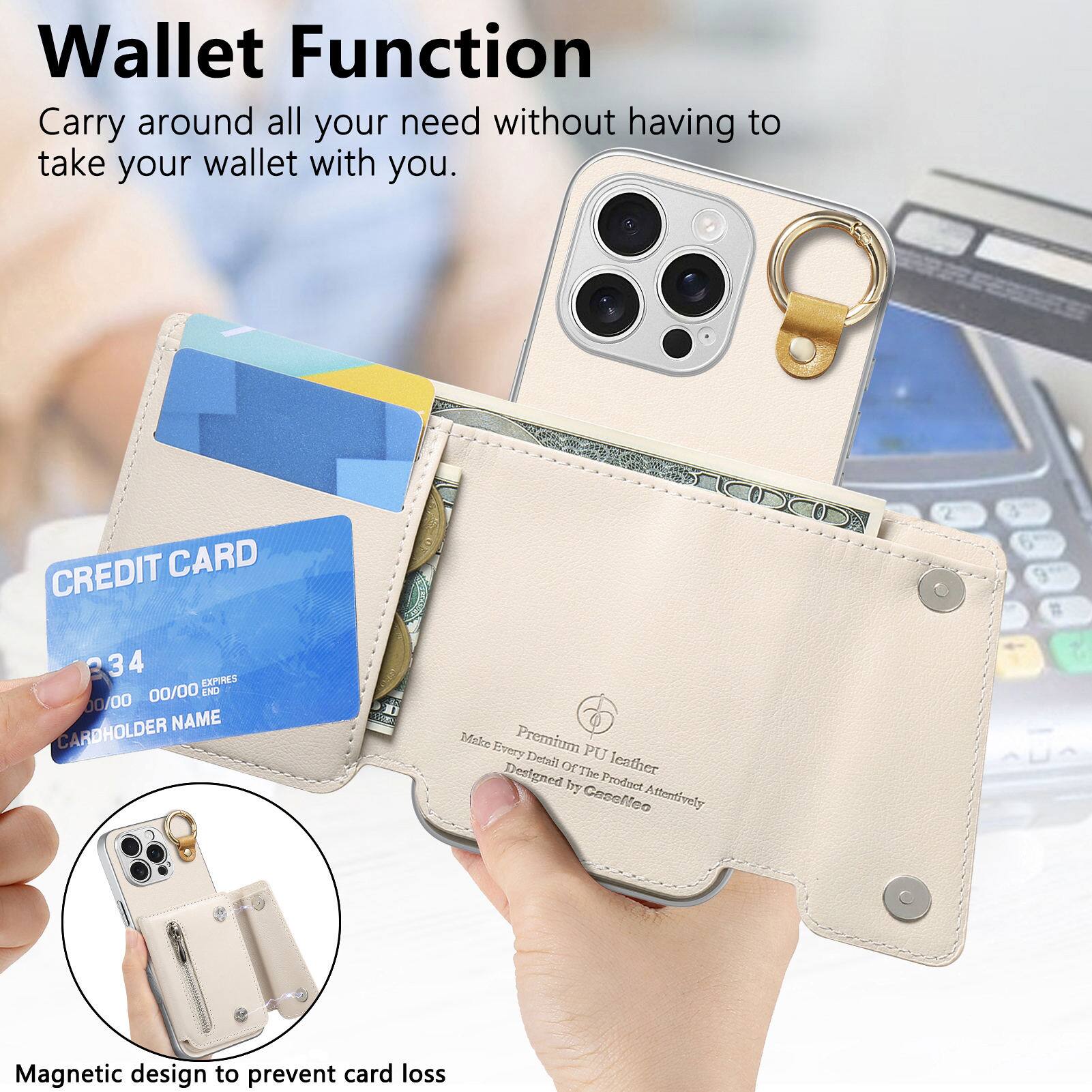 Wallet Function  
Carry around all your need without having to take your wallet with you.

CREDIT CARD  
34  
EXPIRES 00/00  
ENO 00/00  
CARDHOLDER NAME

Premium PU leather  
Designed Of The Product Attentively  
by Caselleo

Magnetic design to prevent card loss