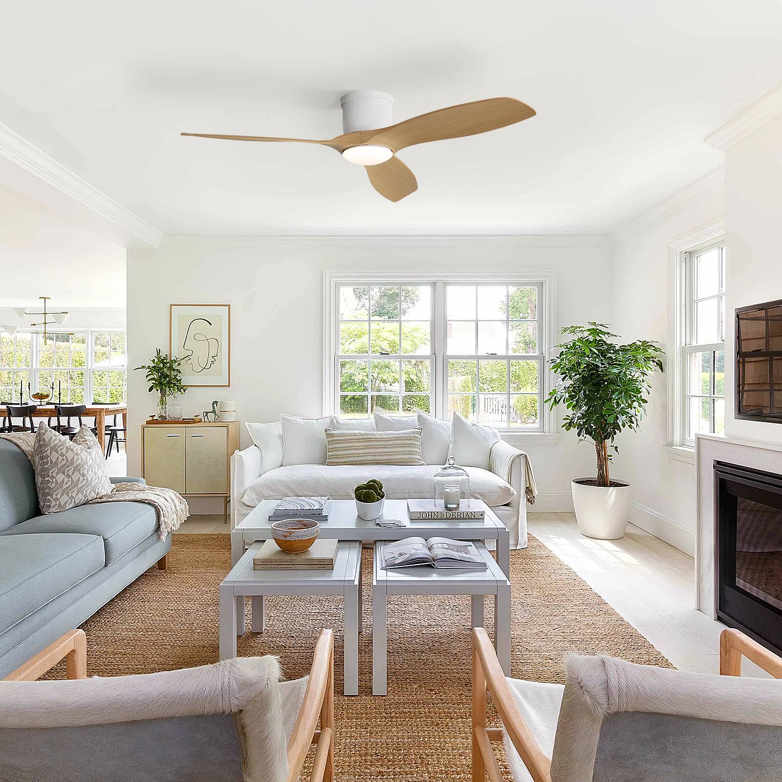 Alt View 2. Sofucor - 52 Inch Flush Mount Ceiling Fans with 3CCT LED Lights High CFM Modern Ceiling Fan Reversible DC for Bedroom Living Room - White - Light Color.