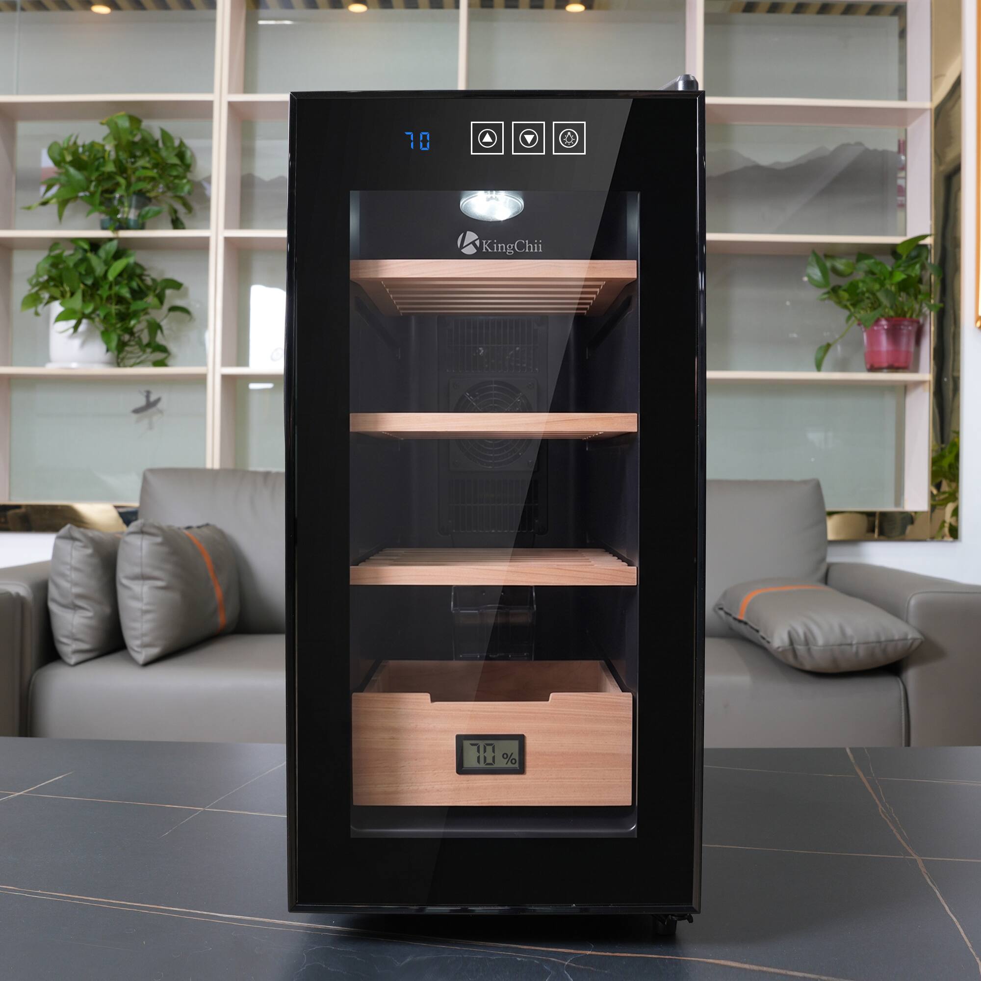 Left. KingChii - 26L Thermoelectric Cigar Humidor with Temperature Control, Spanish Cedar Shelves and Hygrometer(200 Capacity) - Black.