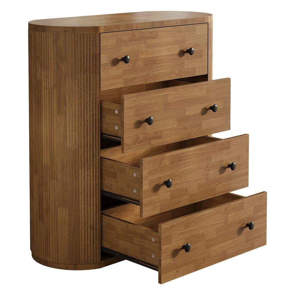 Left. Kadyn - 39.4" Wooden 4-Drawer Chest Dresser, Fluted Storage Cabinet Organizer, Black Knobs - Brown.