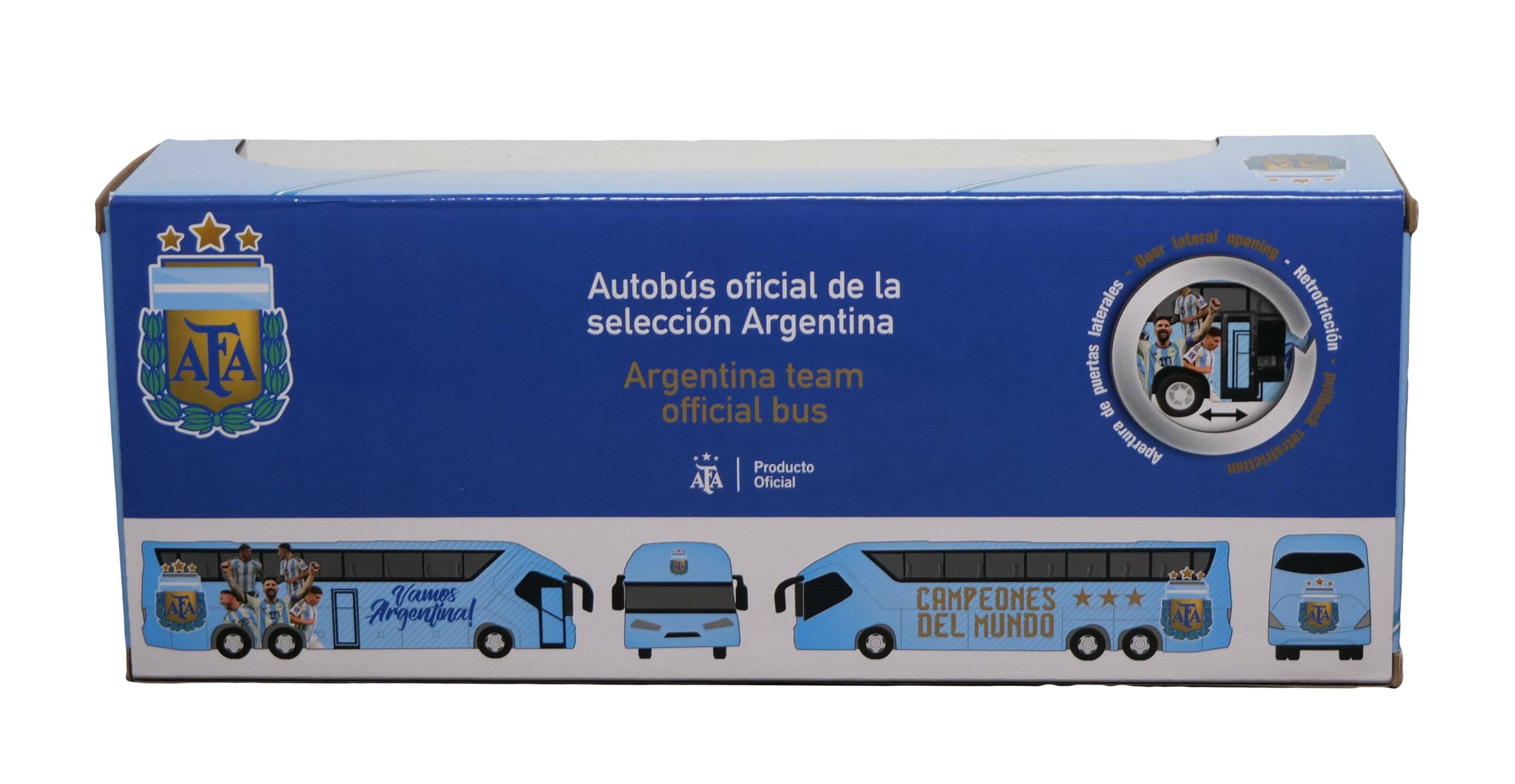 Autobús oficial de la selección Argentina  
Argentina team official bus  
Producto Oficial  

ATA  
Vamos Argentina!  
CAMPEONES DEL MUNDO  

Retrofricción puertas de pullback  
Apertura lateral  
Door laterals  
Retrofriction pullback  

ATA 2 Vamps