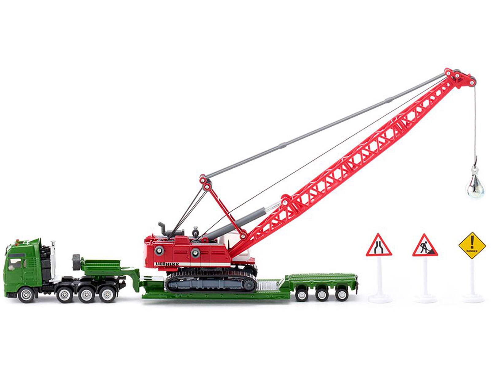 Angle. SIKU - Heavy Haulage Transporter Green and Liebherr Cable Excavator Red with Wrecking Ball and Signs 1/87 (HO) Diecast Models - Green.