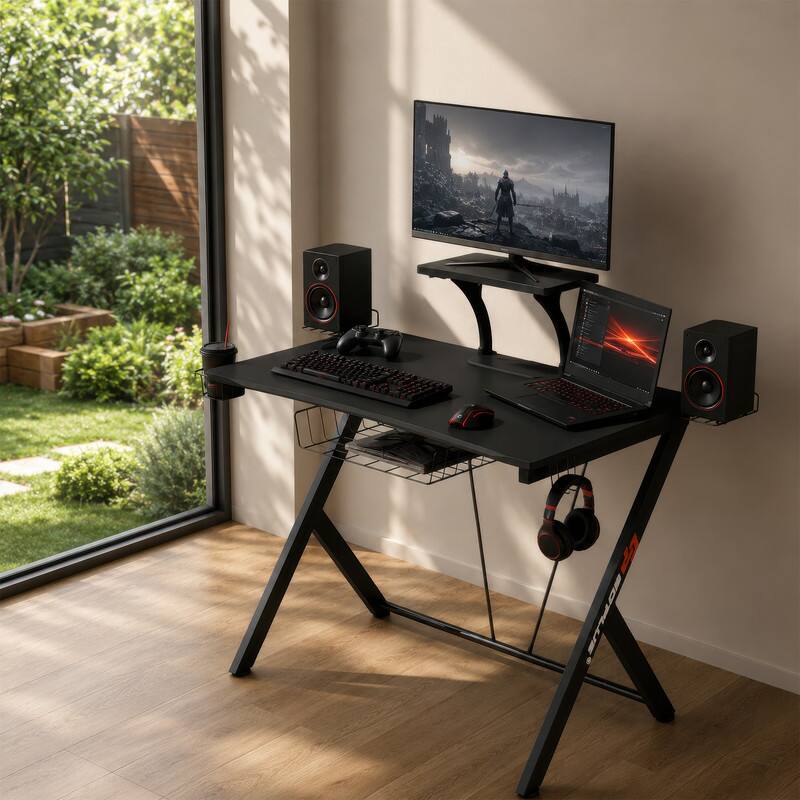 Front. WELLFOR - 42" Gaming Desk with with Headset Hook and Cup Holder, Modern  Ergonomic Computer Desk with Monitor Shelf - Black.