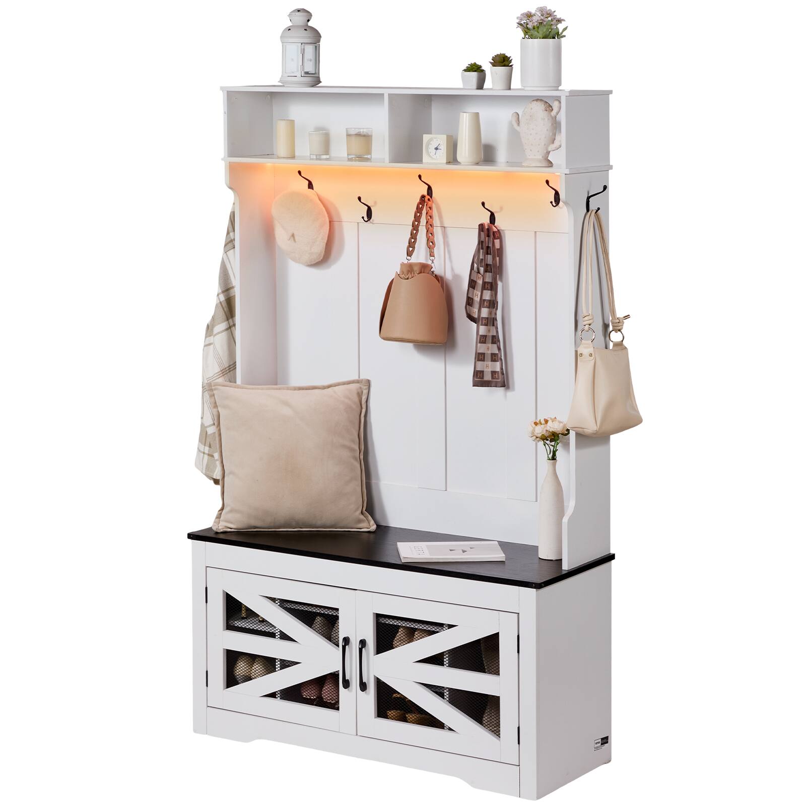 Alt View 5. VEVOR - Hall Tree Entryway Bench, LED Coat Rack with Shoe Storage, 42" Wide Mudroom bench with Storage and Seating - Body: White; Seat Board: Black.