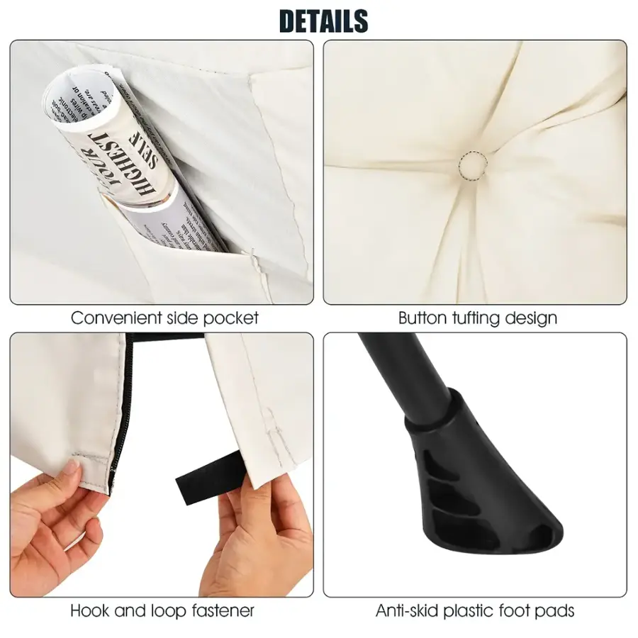 DETAILS: Convenient side pocket, Button tufting design, Hook and loop fastener, Anti-skid plastic foot pads.