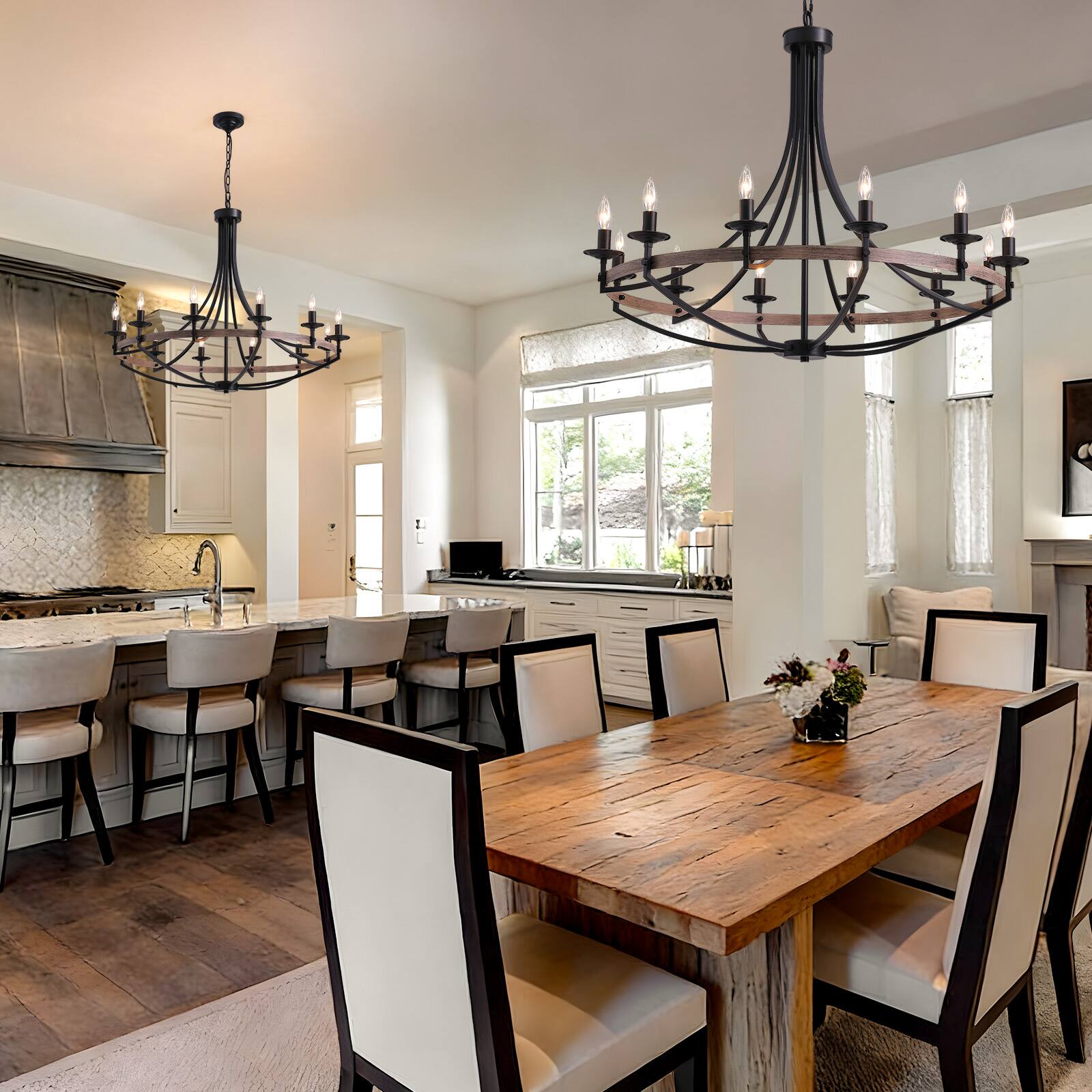 Alt View 5. Siljoy - 41 Inch Farmhouse Matte Black 12 Light Candle Chandelier Adjustable Wrought Iron for Dining Room Kitchen Island Entryway - Brown.
