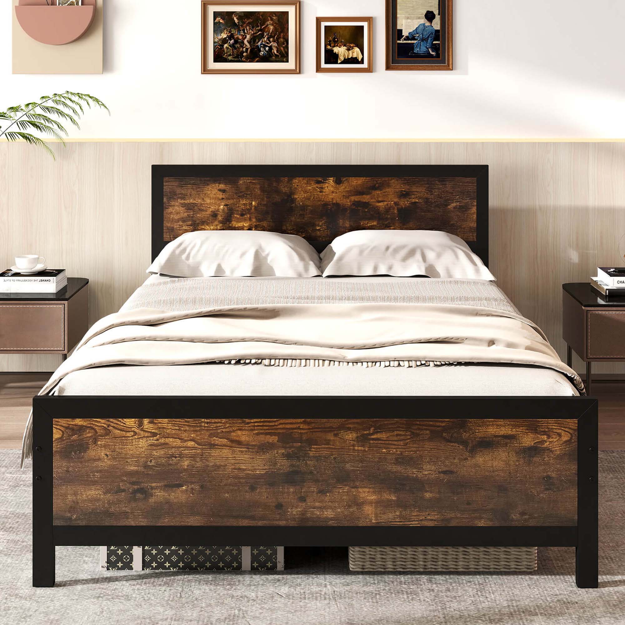 Back. Costway - Full Size Metal Bed Frame with Headboard & Footboard Metal Slats Support - Brown.