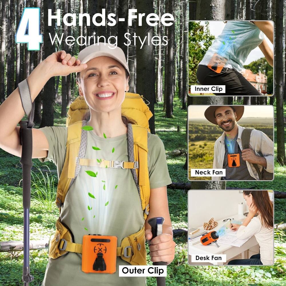 4 Hands-Free Wearing Styles

- Inner Clip
- Neck Fan
- Desk Fan
- Outer Clip