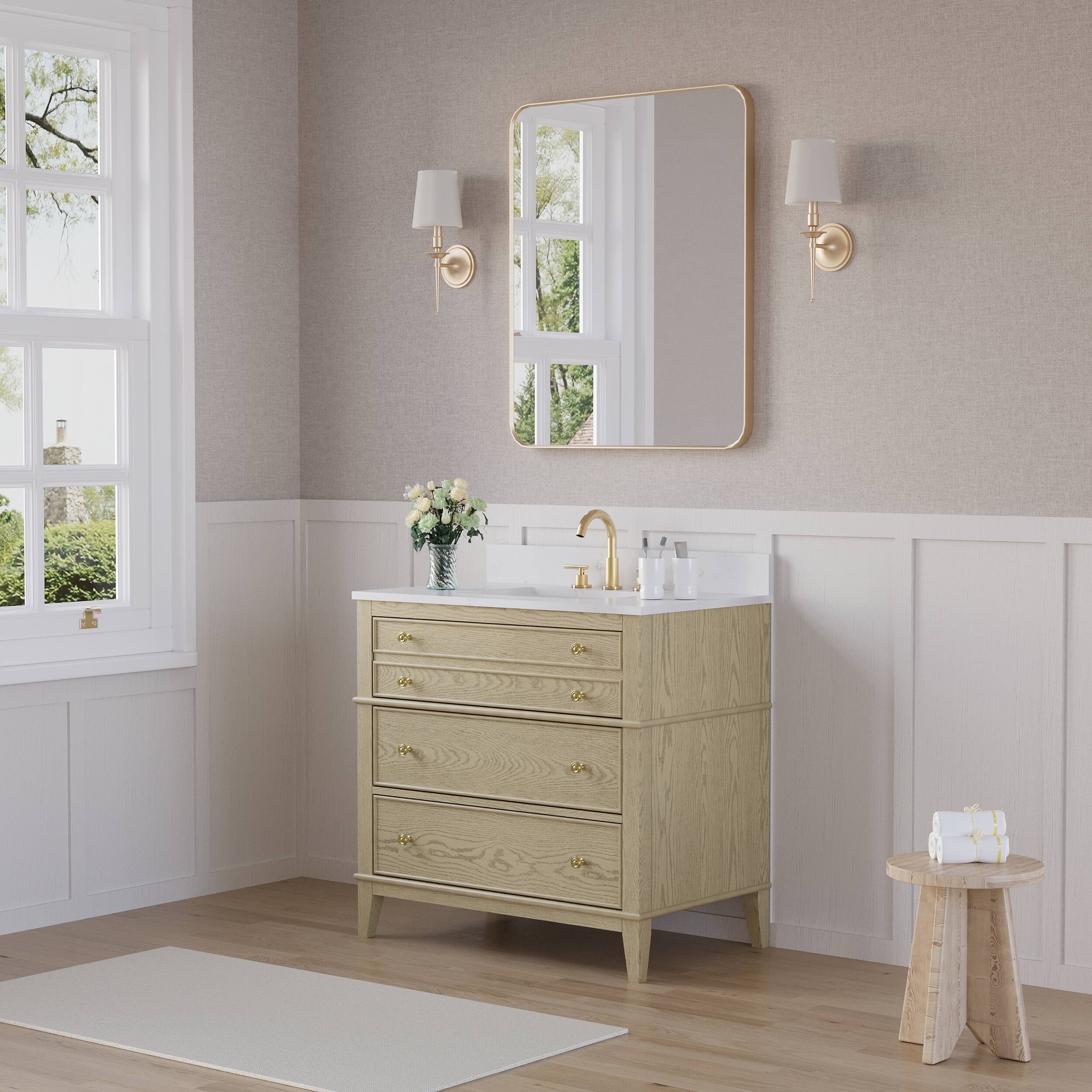 Alt View 8. WELLFOR - MEGAN 36 in. Freestanding Solid Wood Bath Vanity with Quartz Top, Single Sink, Soft Close, Assembled - OAK.