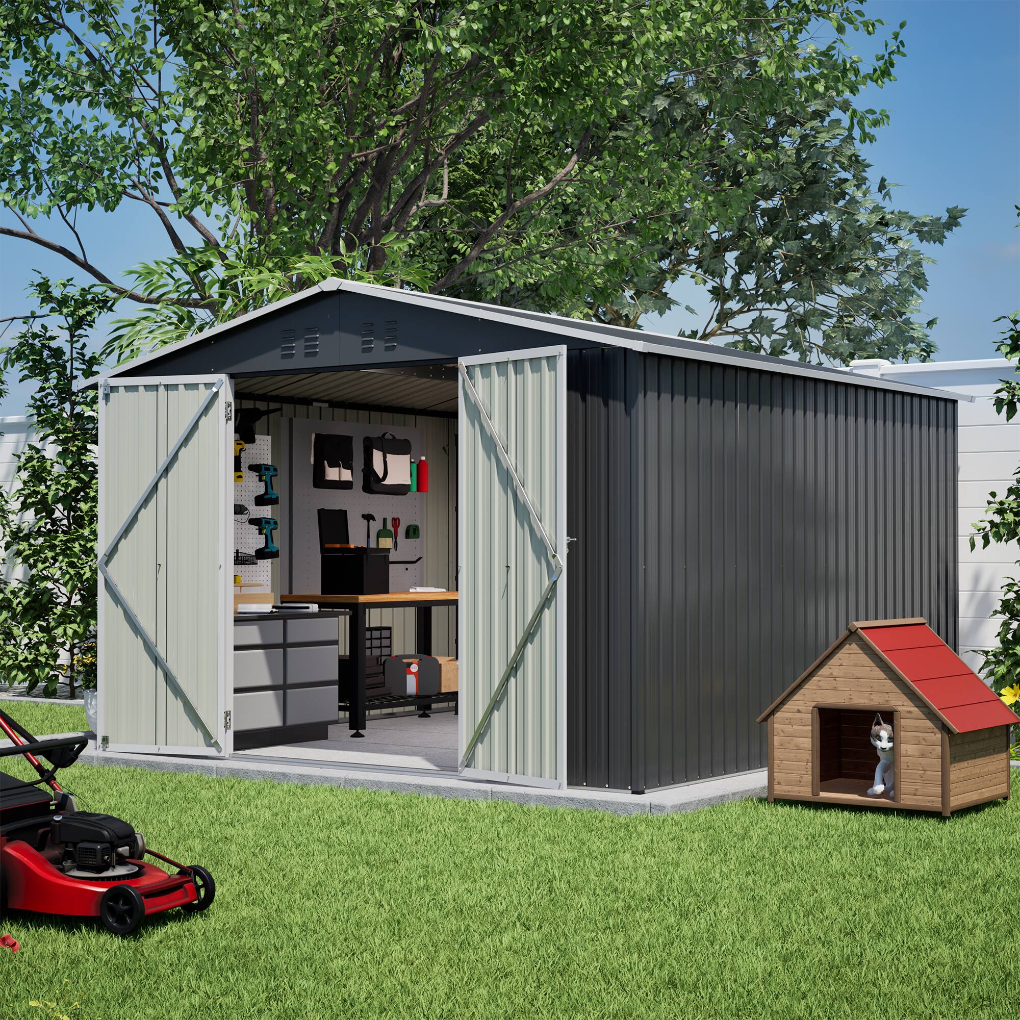 Alt View 6. Loheer - Loheer 10x10 Metal Storage Shed Heavy Duty Black Outdoor Garden Shed Lockable Double Doors.