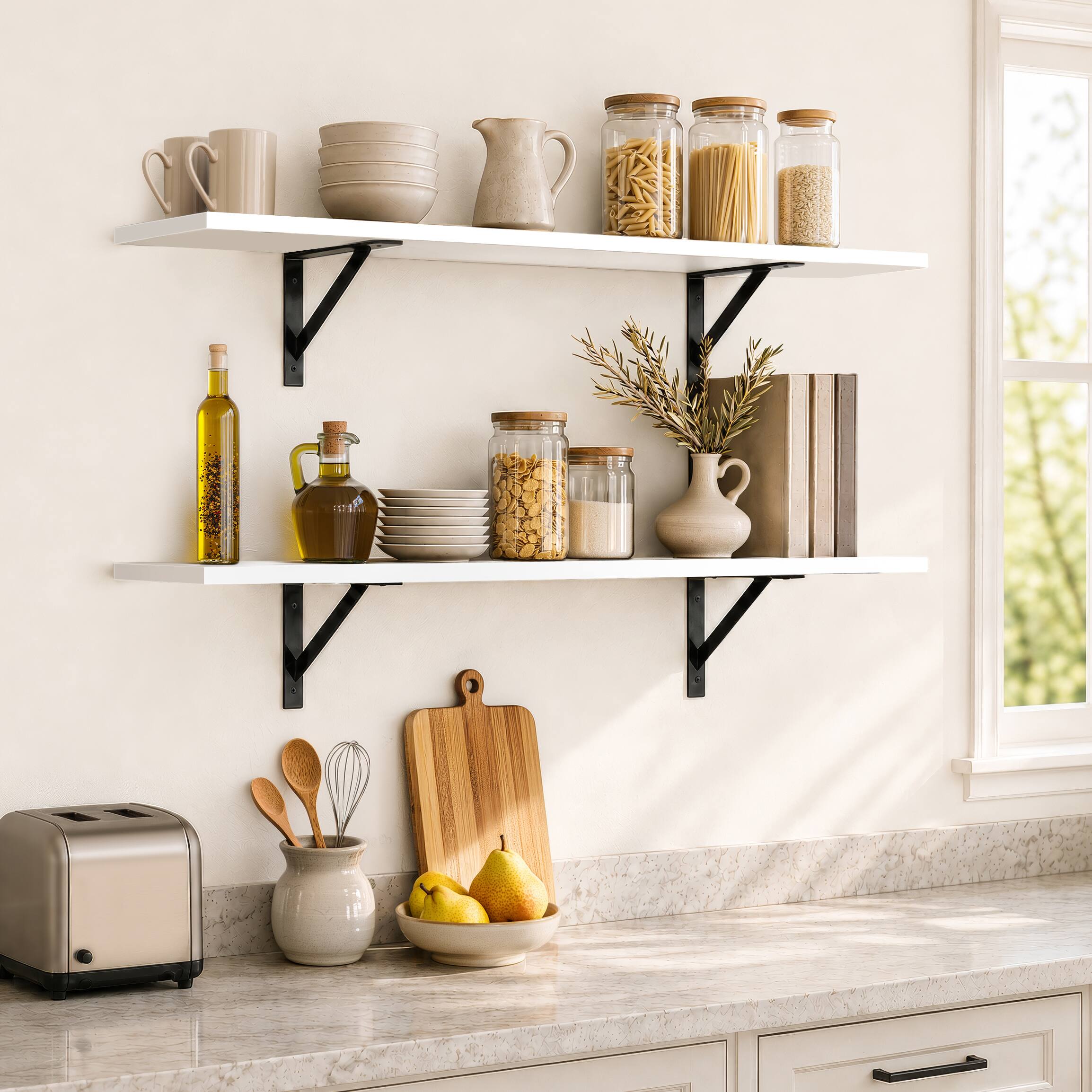 Alt View 5. Sorbus - Wall Shelves 47.3" with Black Metal Brackets, Set of 2, White - White.