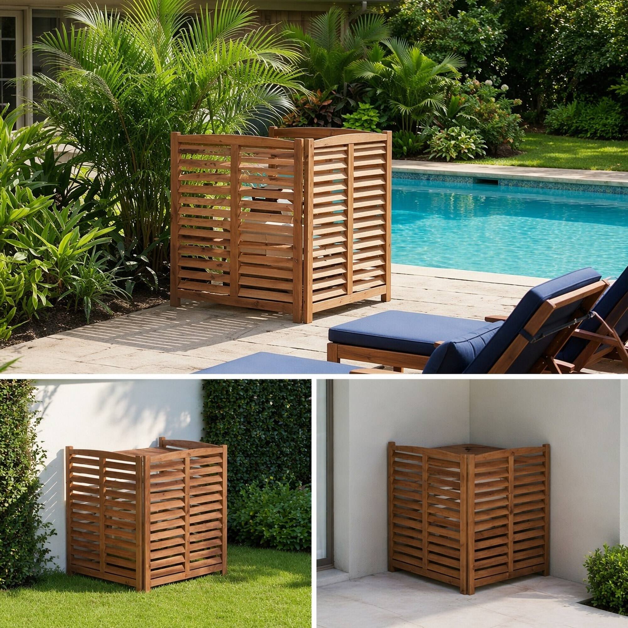 Alt View 3. RYHNUYNE - 3-Panel Outdoor Wood Privacy Screen for Air Conditioner, 32 by 38 Inch Solid Wood Fence with Ventilated Slat - Brown.