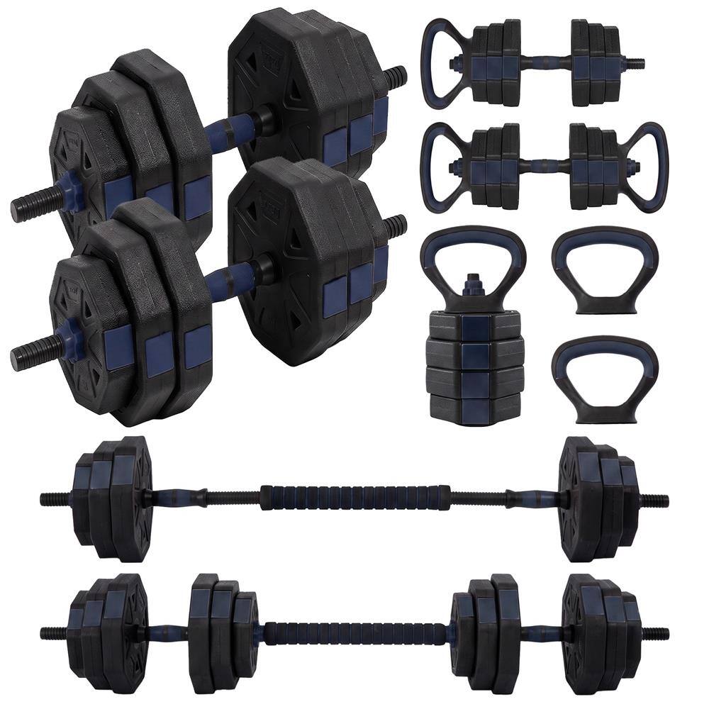 Front. SereneLife - SQUATZ 45/70/90 lb Octagon Adjustable Dumbbell Set, 4-in-1 with Kettlebell & Barbell - Navy Blue.