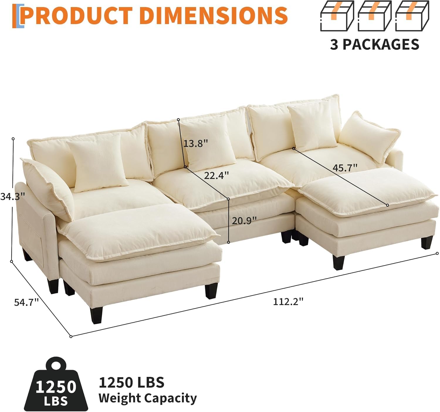 **PRODUCT DIMENSIONS**

- 3 PACKAGES

- 112.2" (Length)
- 45.7" (Height)
- 54.7" (Depth)
- 34.3" (Armrest Height)
- 22.4" (Back Height)
- 20.9" (Seat Depth)
- 13.8" (Armrest Width)

- 1250 LBS Weight Capacity