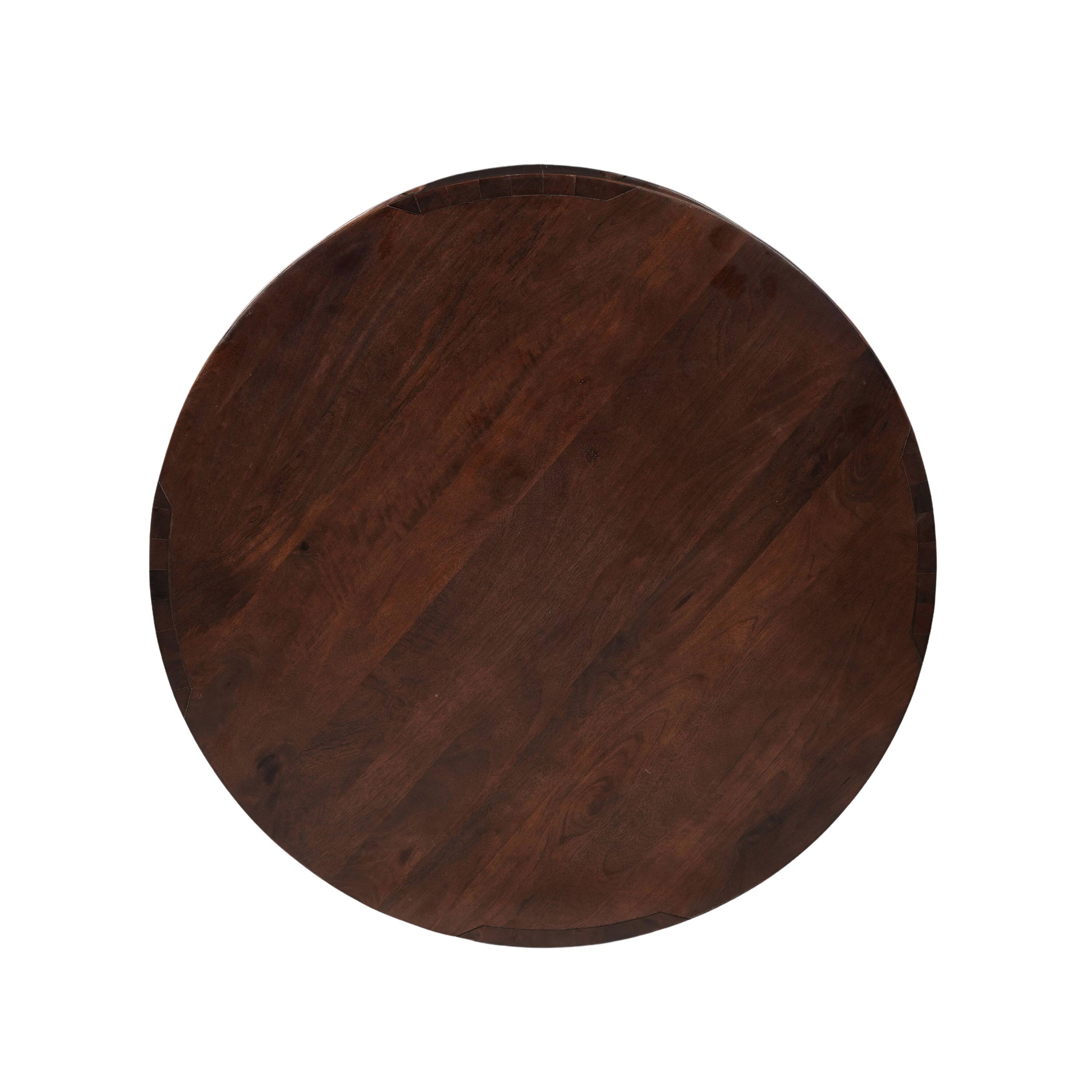 Left. Manhattan Lane - Bard Coffee Table, 38 Inch Round Top with Shelf, Walnut Brown Mango Wood Sculptural Frame - Brown.