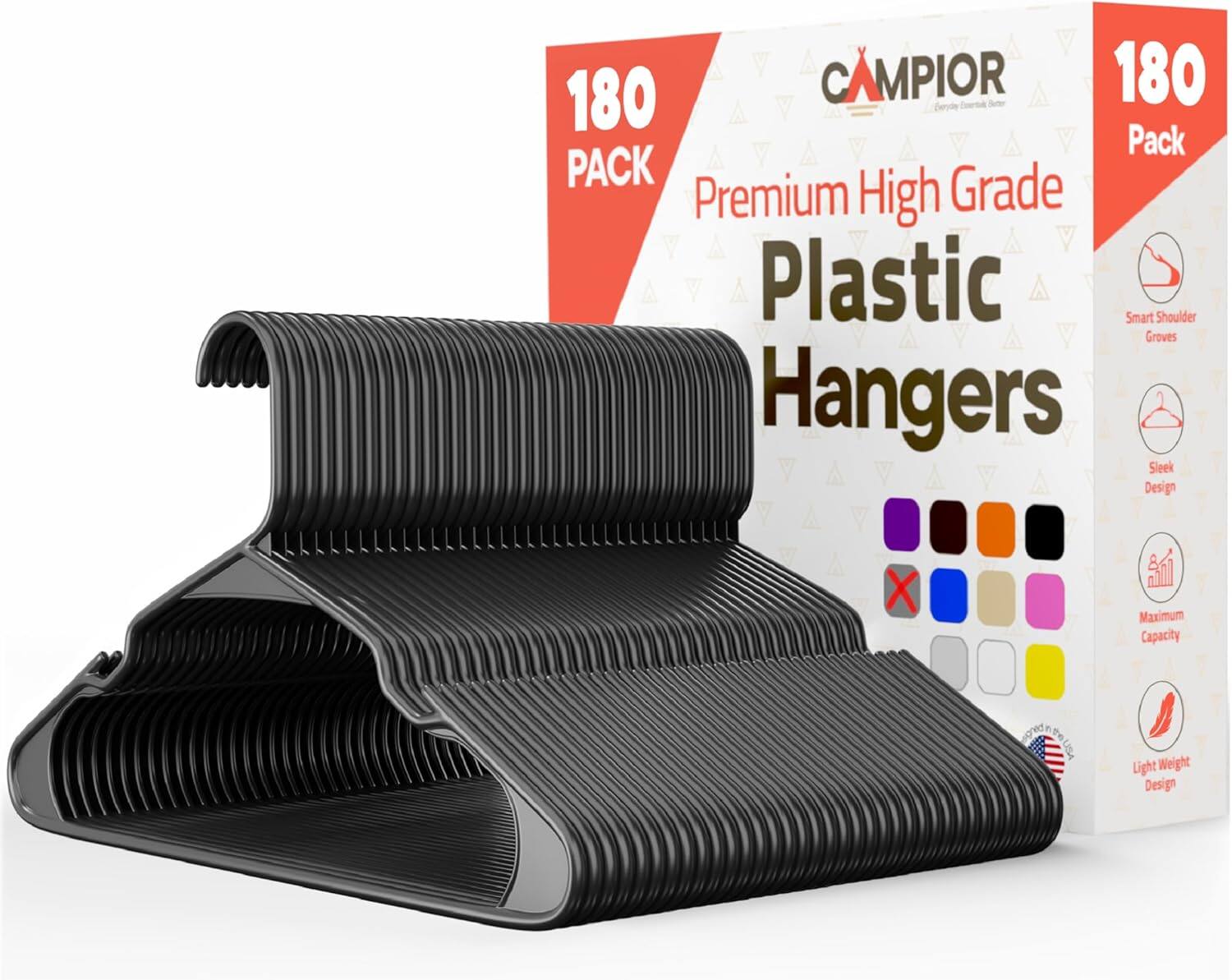 180 Pack CAMPIOR 180 Pack Premium High Grade Plastic Hangers Smart Shoulder Groves Sleek Design Maximum Capacity Light Weight Design