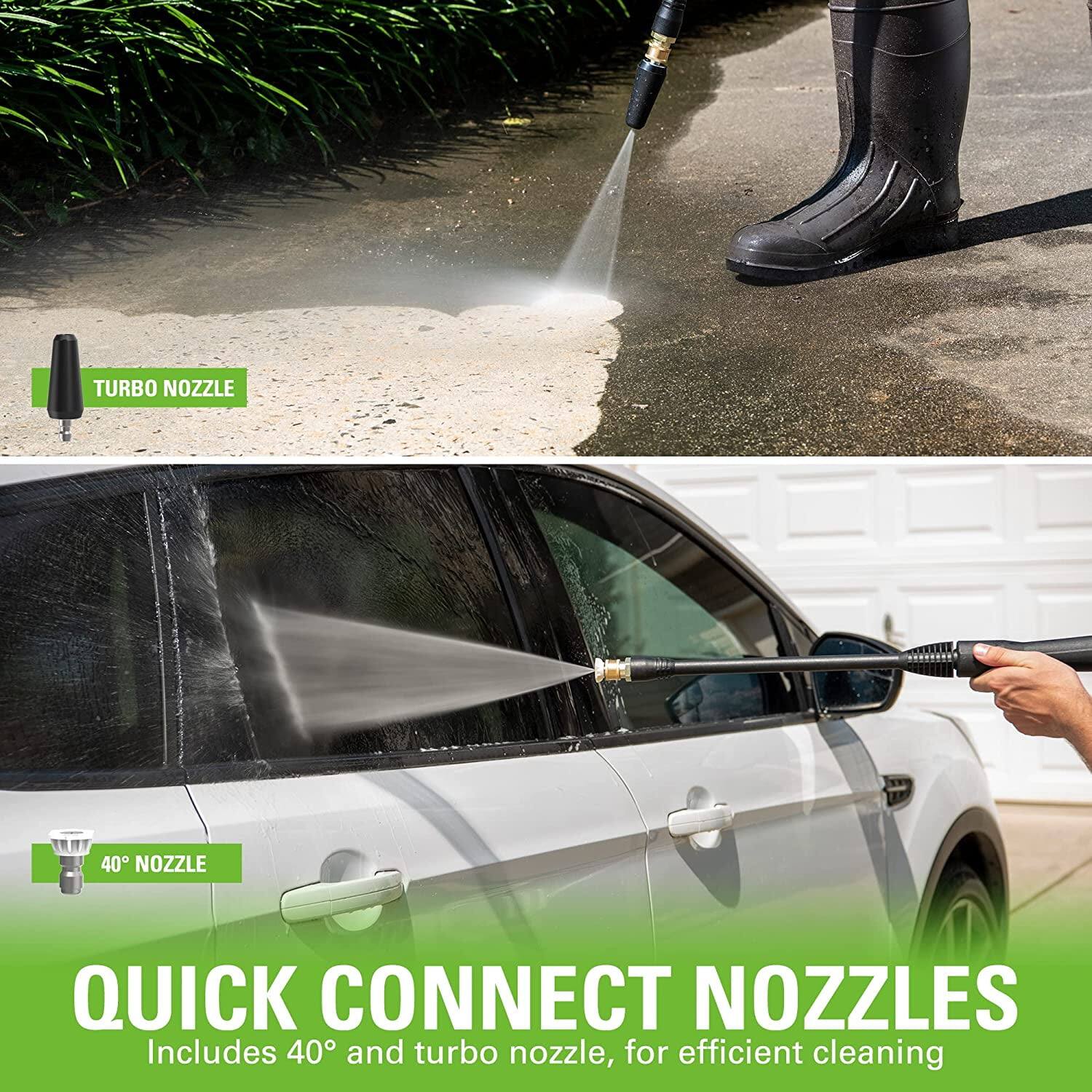 TURBO NOZZLE

40° NOZZLE

QUICK CONNECT NOZZLES
Includes 40° and turbo nozzle, for efficient cleaning