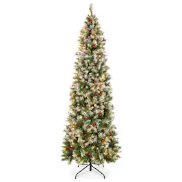 Best Choice Products - 9ft Pencil Christmas Tree Pre-Lit w/ Viral Twinkling Lights, PreDecorated Artificial Frosted Pine - Green