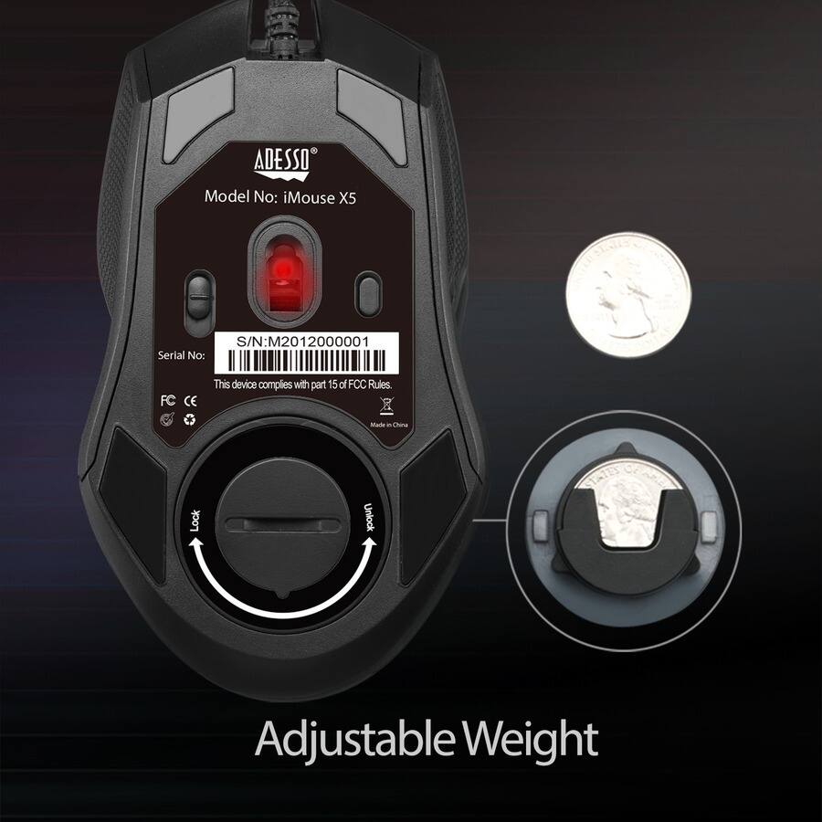 ADESSO  
Model No: iMouse X5  
S/N: M2012000001  
Serial No:  
This device complies with part 15 of FCC Rules.  
Made in China  

Lock Unlock  

Adjustable Weight