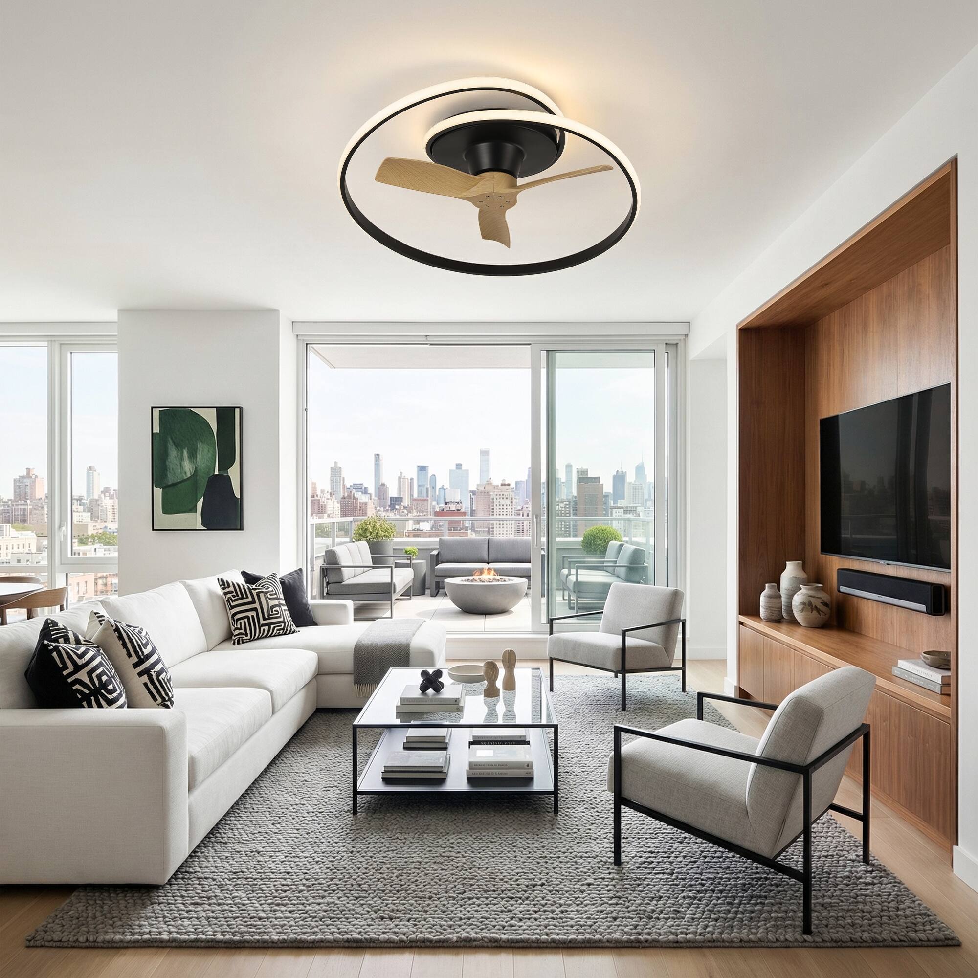 Left. Vaczon - 30" Modern LED Flush Mount Ceiling Fan with Light and Remote Control, Low-Profile Caged Ceiling Fan for Bedroom - Black.