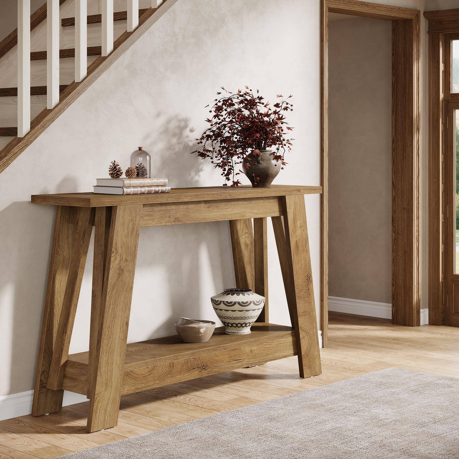 Alt View 2. Tribesigns - 41.3" Farmhouse Console Table, 2-Tier Wooden Entryway Table with Storage, Rustic Narrow Behind Couch for Living Room, Ha - Natural.