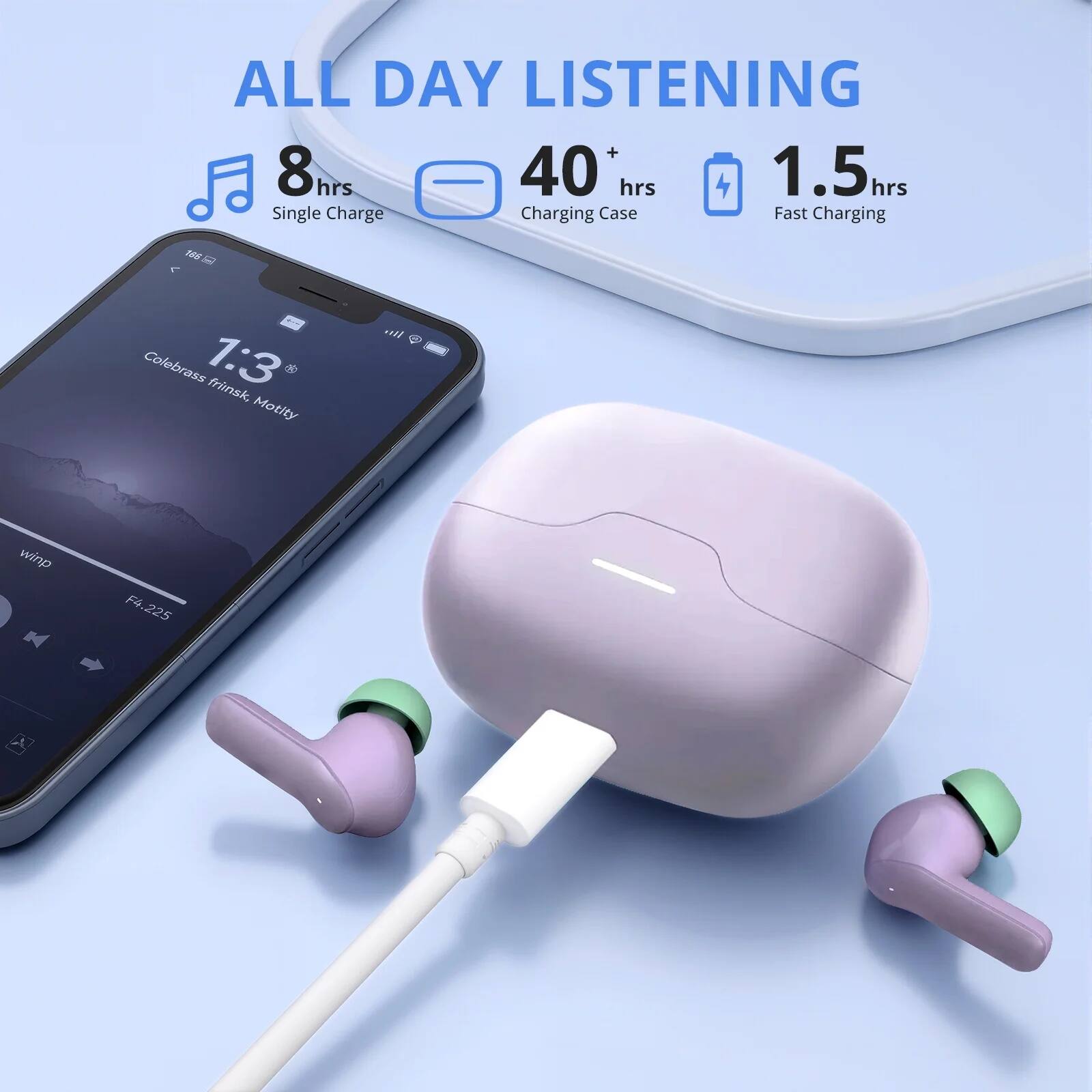 ALL DAY LISTENING

- 8 hrs Single Charge
- 40+ hrs Charging Case
- 1.5 hrs Fast Charging

1:3 Colebrass frinsk, Motity W winp F4 6.225