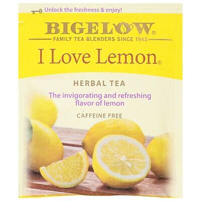 Unlock the freshness & enjoy!

BIGELOW  
FAMILY TEA BLENDERS SINCE 1945

I Love Lemon  
HERBAL TEA

The invigorating and refreshing flavor of lemon  
CAFFEINE FREE