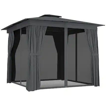 Front. Outsunny - 10' x 10' Outdoor Patio Gazebo, Soft Top Gazebo Canopy Shelter with Double Roof, Curtains, Netting, Steel Frame.
