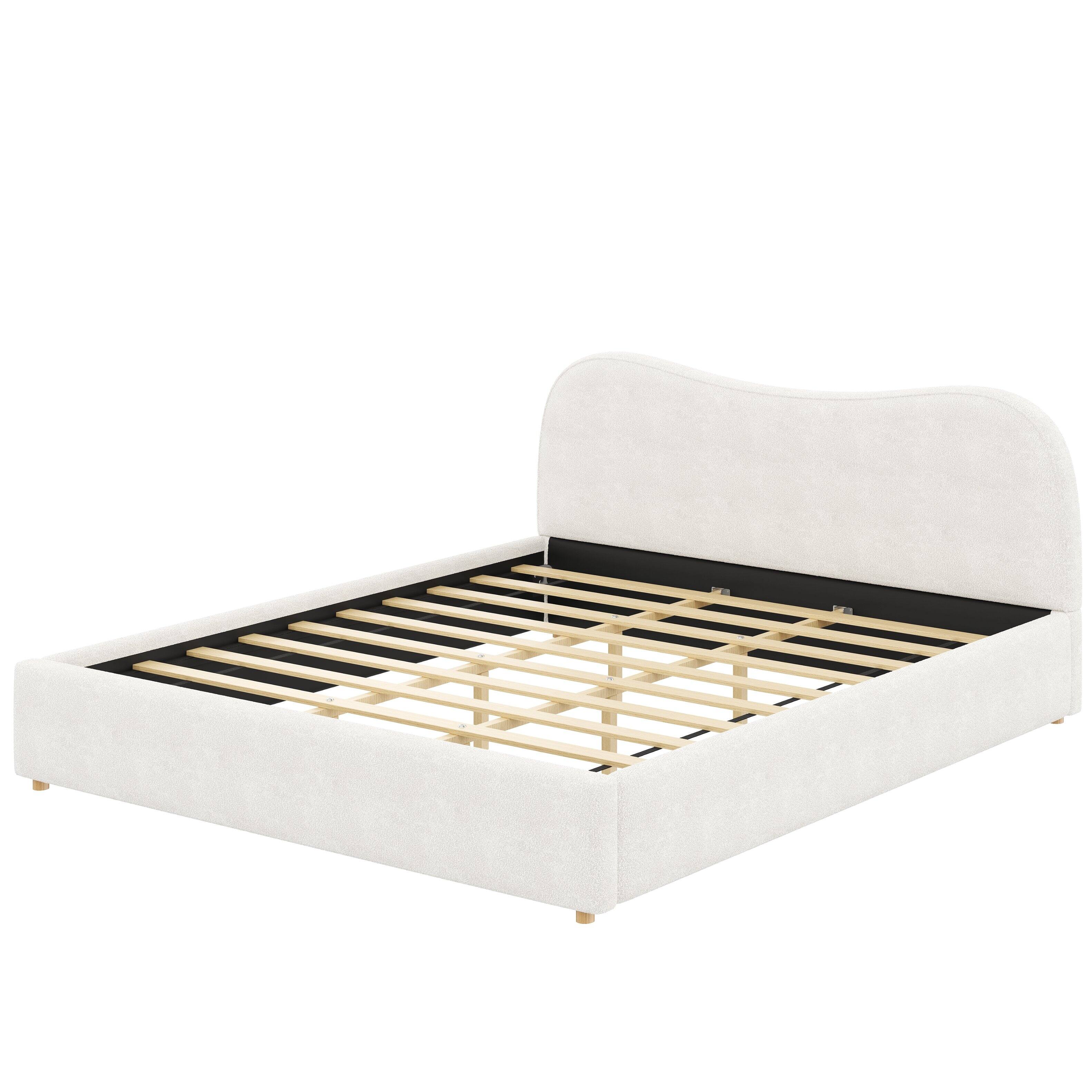 Left. Whisen - King Size Upholstered Platform Bed Frame with Curved Headboard, Bouclé Fabric Bed for Modern Bedroom - White.