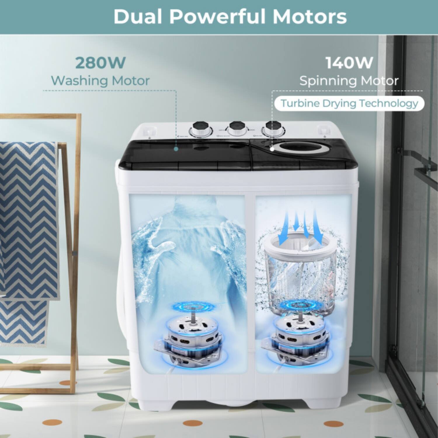 Dual Powerful Motors  
280W Washing Motor  
140W Spinning Motor  
Turbine Drying Technology