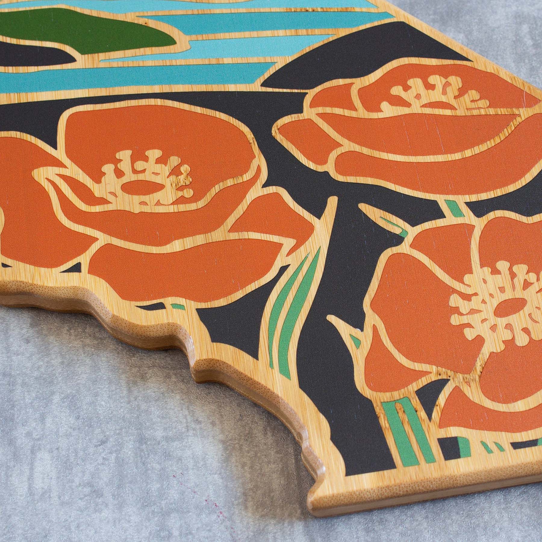 Angle. Totally Bamboo - California Cutting Board with Artwork by Summer Stokes.