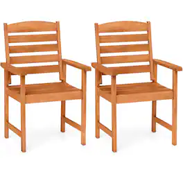 Costway - Patio Chairs Set of 2 with Inclined Backrests and Slatted Seats for Deck - Natural