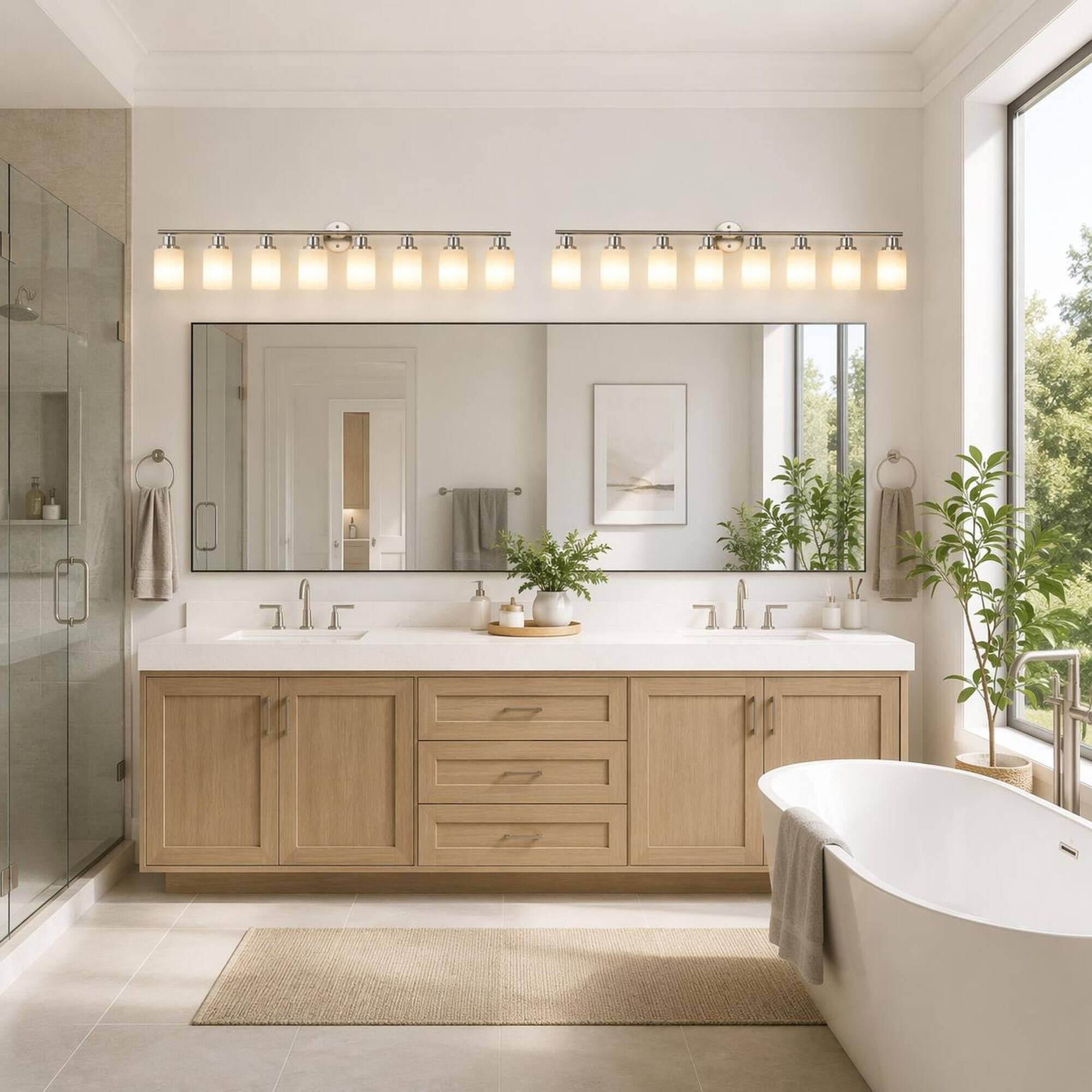 RYHNUYNE Brushed Nickel 8‑Light Bathroom Vanity Light, Modern Wall ...