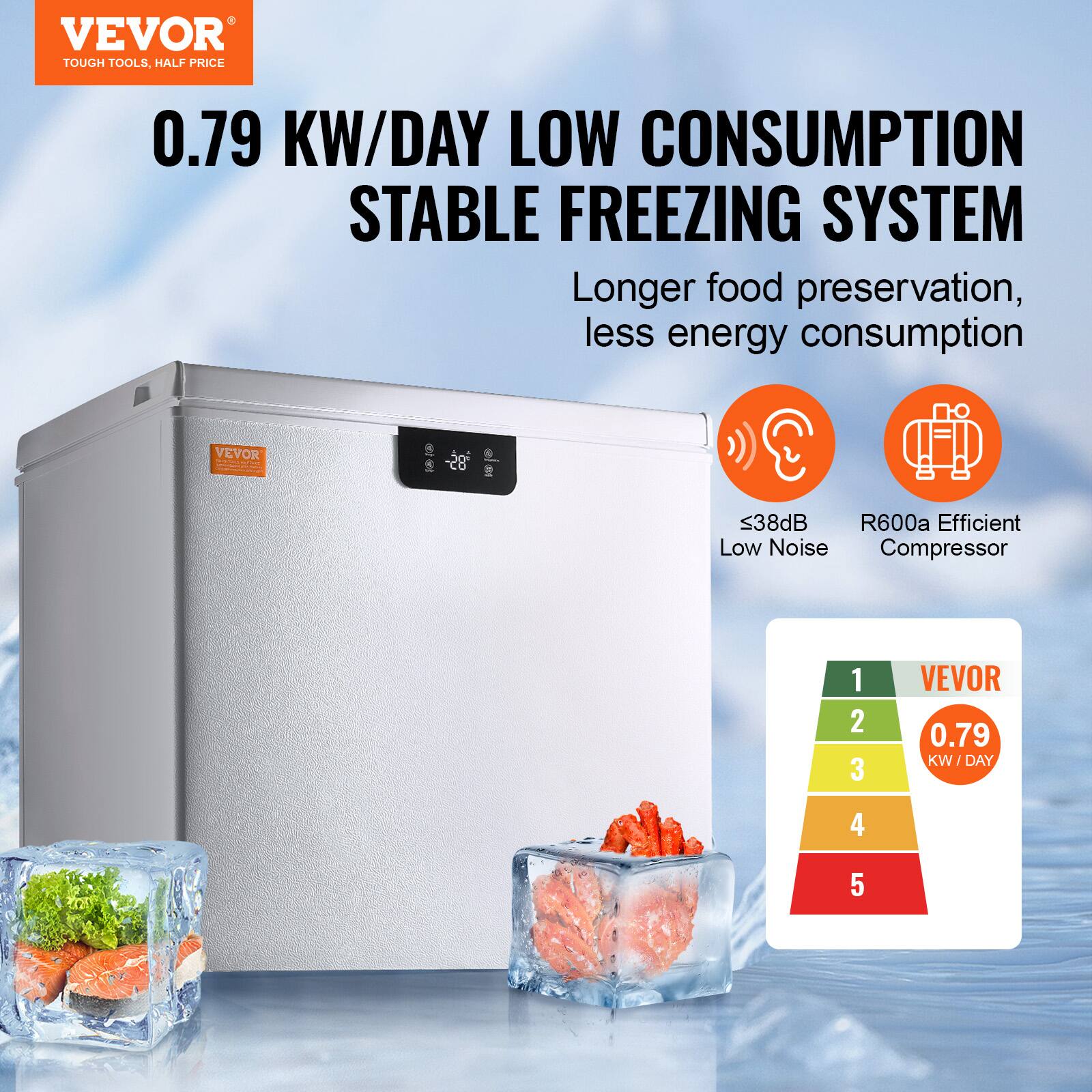VEVOR  
TOUGH TOOLS, HALF PRICE  

0.79 KW/DAY LOW CONSUMPTION STABLE FREEZING SYSTEM  

Longer food preservation, less energy consumption  

VEVOR -28"  
≤38dB Low Noise  
R600a Efficient Compressor  

VEVOR  
0.79 KW/DAY  

1  
2  
3  
4  
5