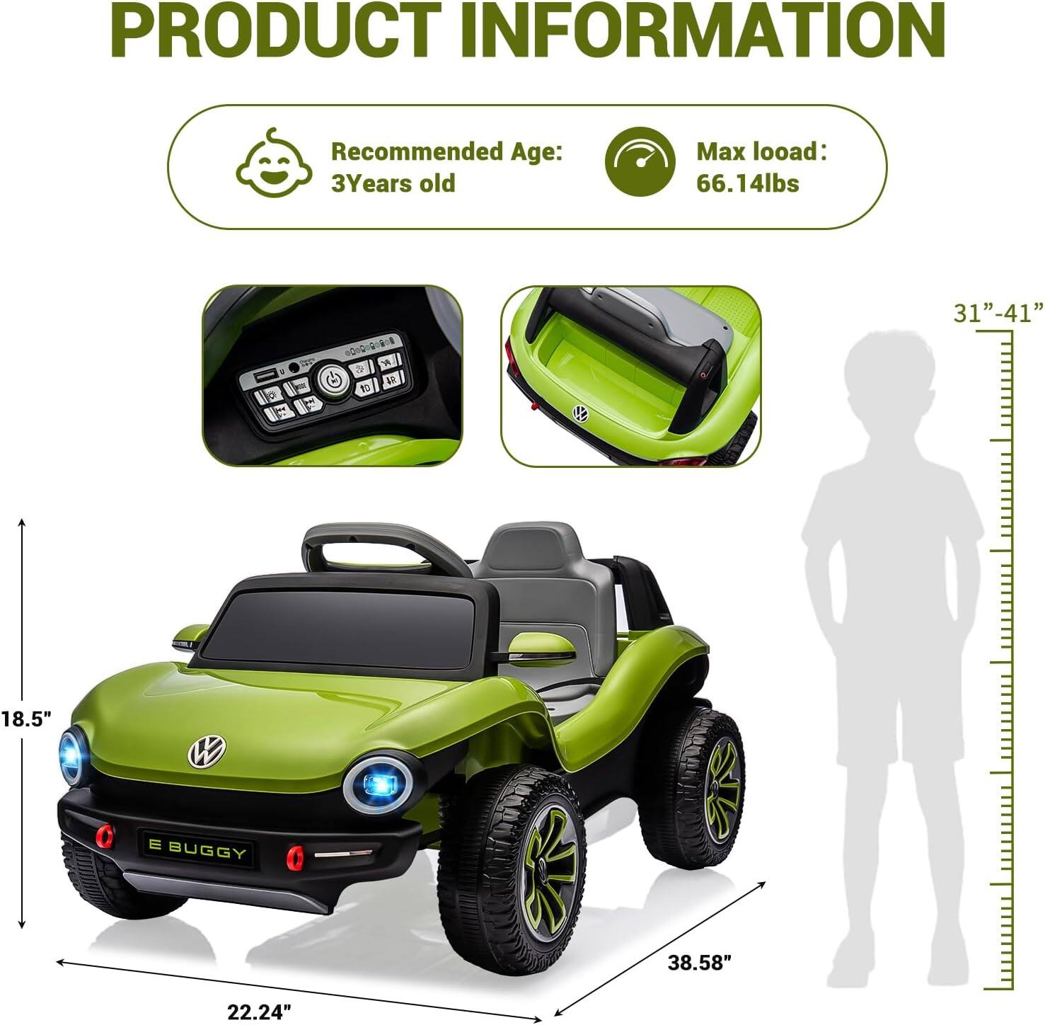 PRODUCT INFORMATION

Recommended Age: 3 Years old

Max load: 66.14lbs

Dimensions:
- Length: 38.58"
- Width: 22.24"
- Height: 31" - 41"
- Seat Height: 18.5"