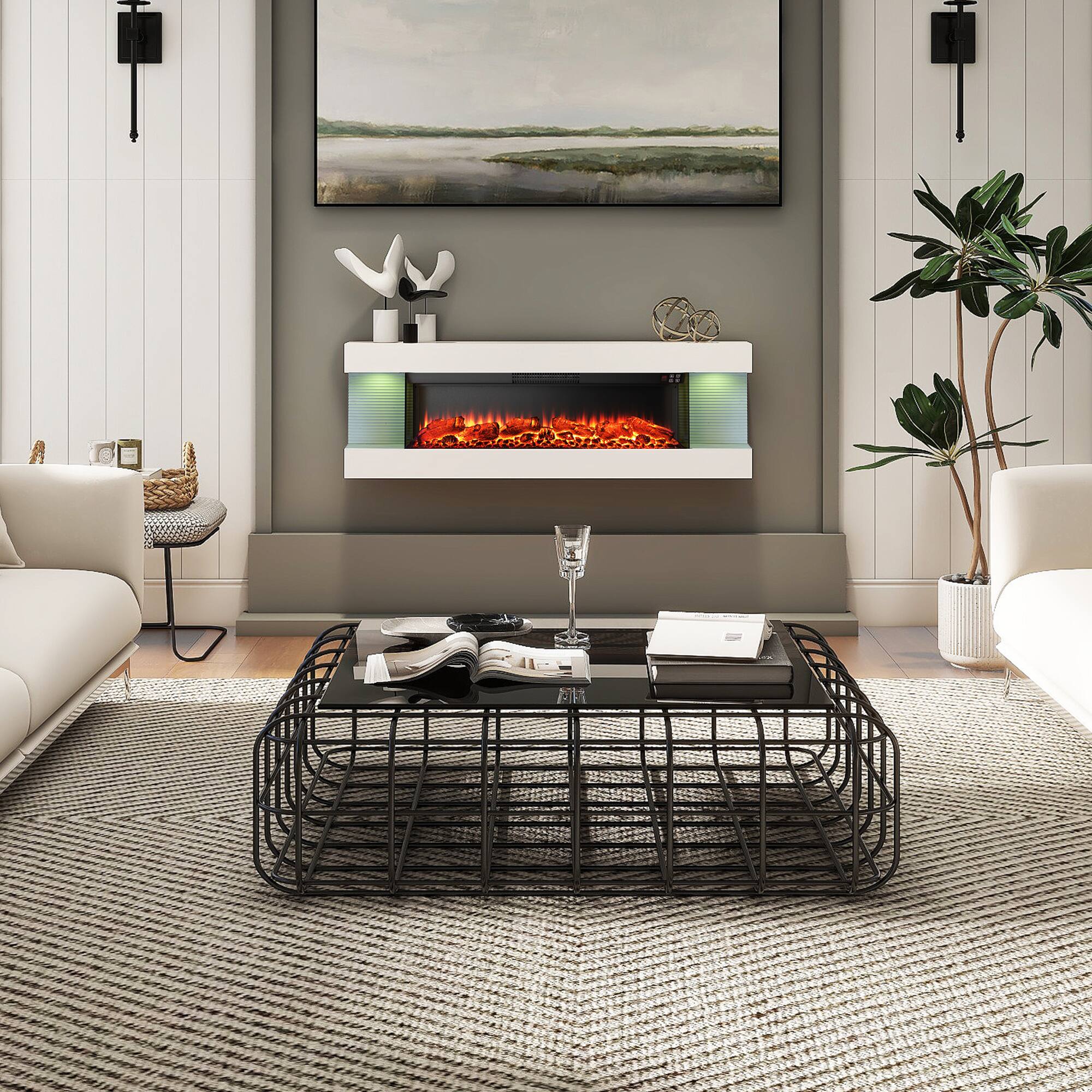 Angle. Mondawe - 50" Stylish Electric Fireplace with Suspended LED Light Mantel and Remote Control - Black and White.