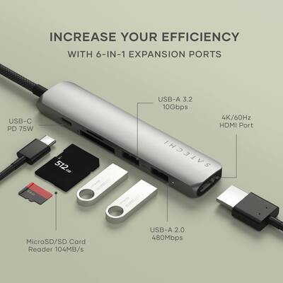Satechi 6 in 1 USB C Hub Multiport Adapter HDMI 4K@60Hz, 100W PD Satechi 6 in 1 USB C Hub Multiport Adapter HDMI 4K@60Hz, 100W PD