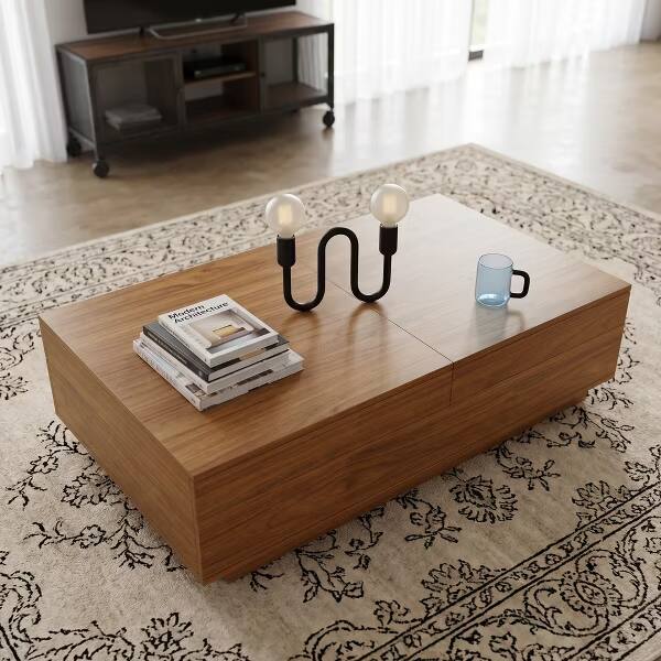 Left. luck idea - Walnut Expandable Coffee Table Hidden Storage 47.2"-81.8" Slide Top Large Cocktail Table Silent Slide Drawer Living Room - brown.