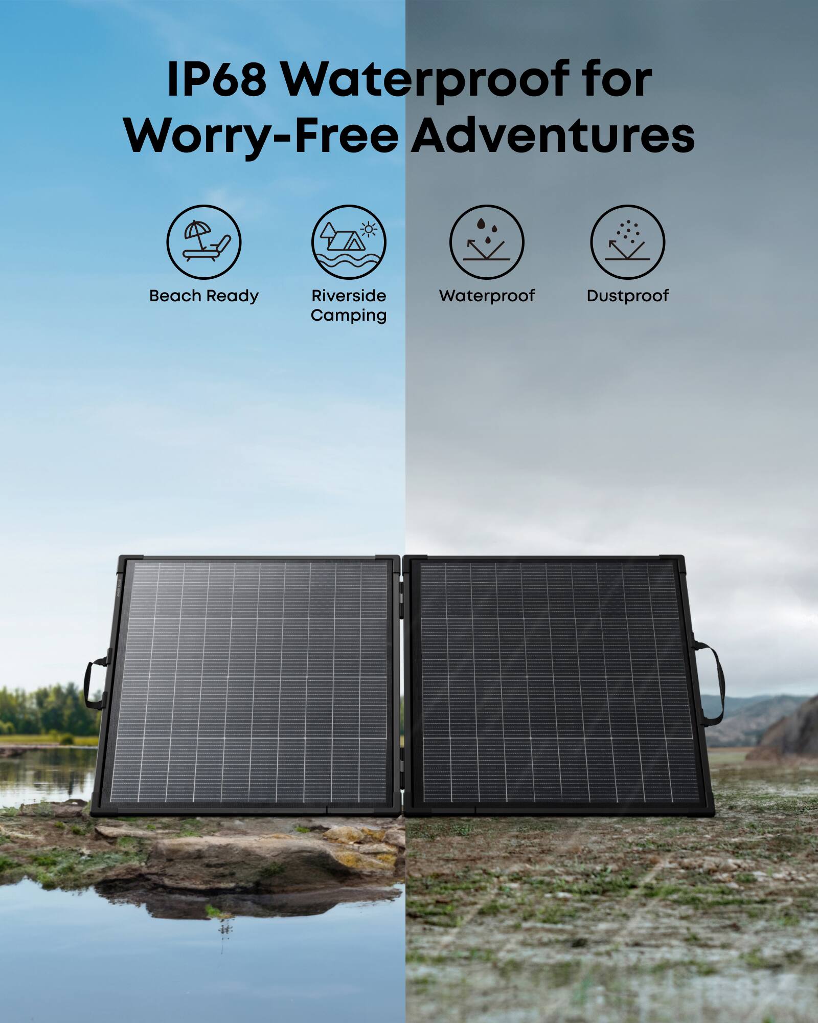 IP68 Waterproof for Worry-Free Adventures  
Beach Ready  
Riverside Camping  
Waterproof  
Dustproof