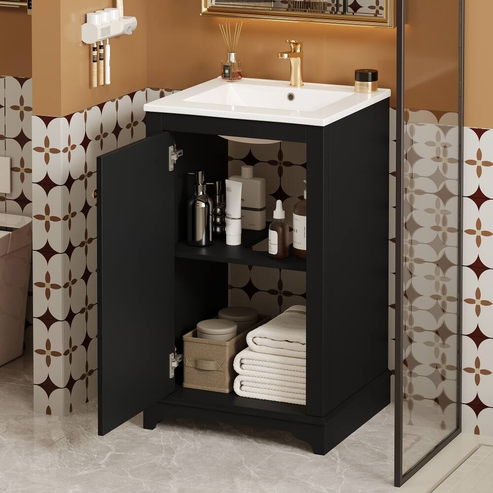 Angle. Loheer - Loheer 20 Inch Black Bathroom Vanity with Ceramic Sink, Freestanding Single Vanity Set, Modern Style - Black.