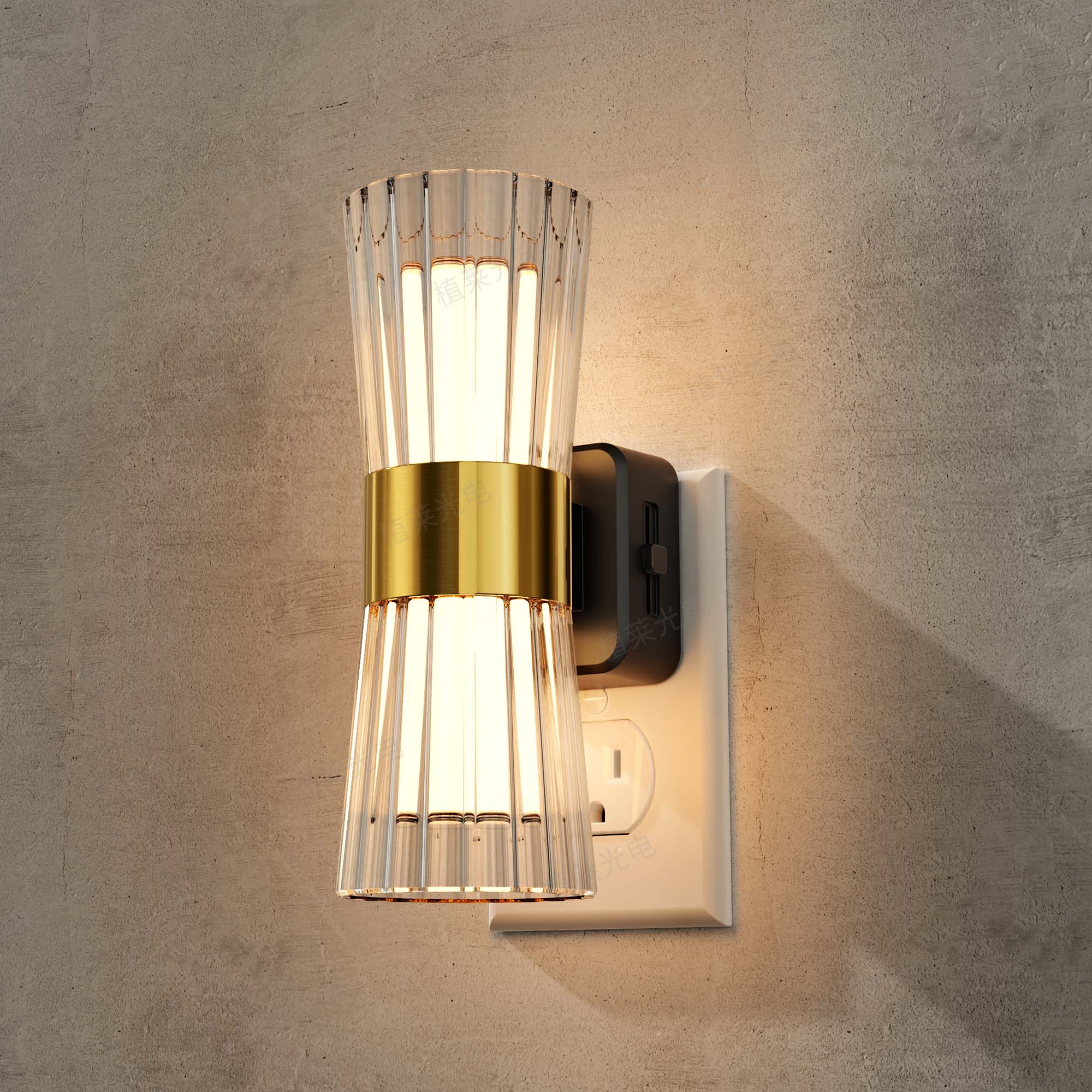 Left. Jandcase - JANDCASE 2-Pack 1W  Plug-in Night Light, 3000K Warm Glow, Transparent Cylinder with Frosted Inner Shade,Up/Down Light - Black and Gold.