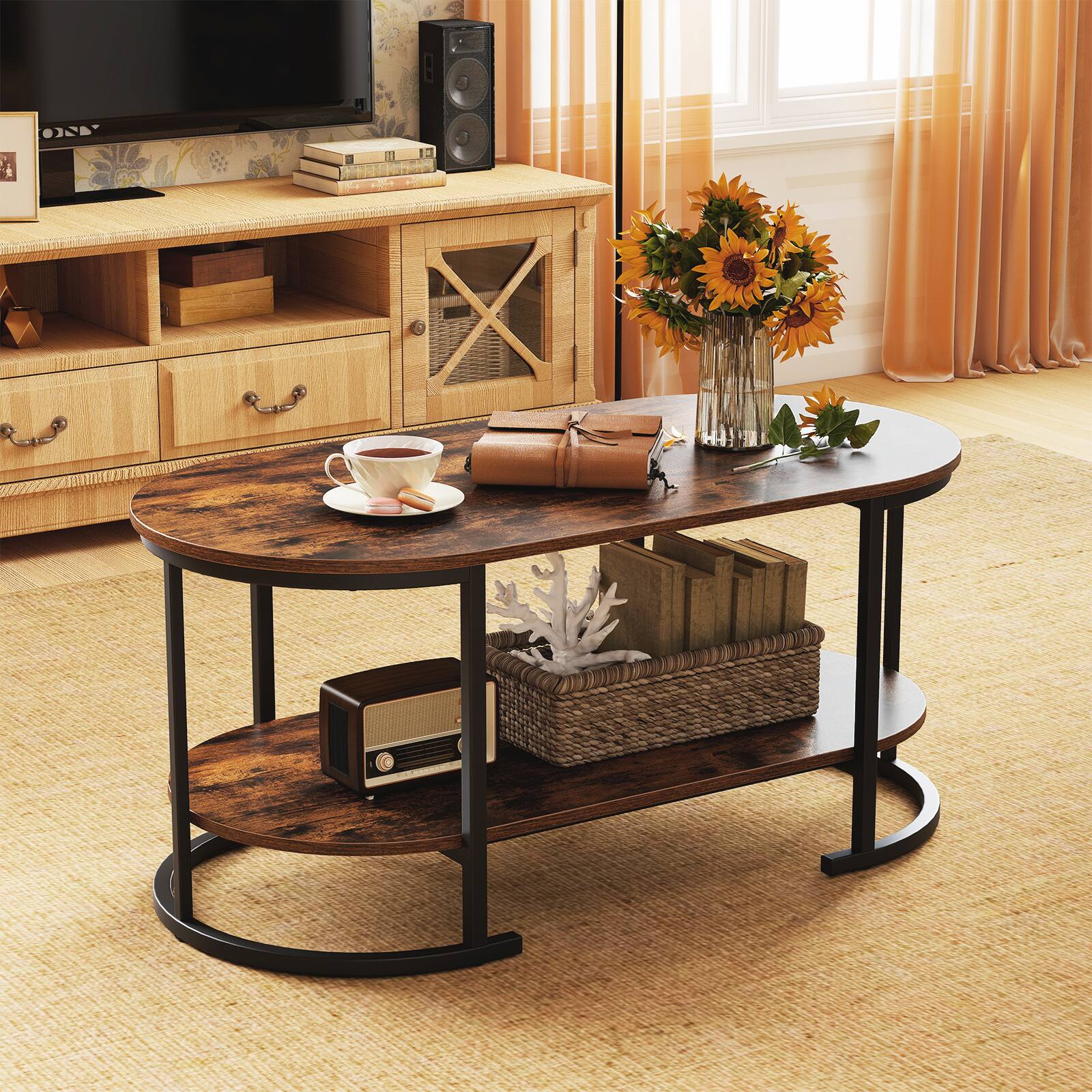 Alt View 3. Costway - Costway Oval Coffee Table with Metal Support Legs for Apartment Office Reception - Rustic Brown,Black.