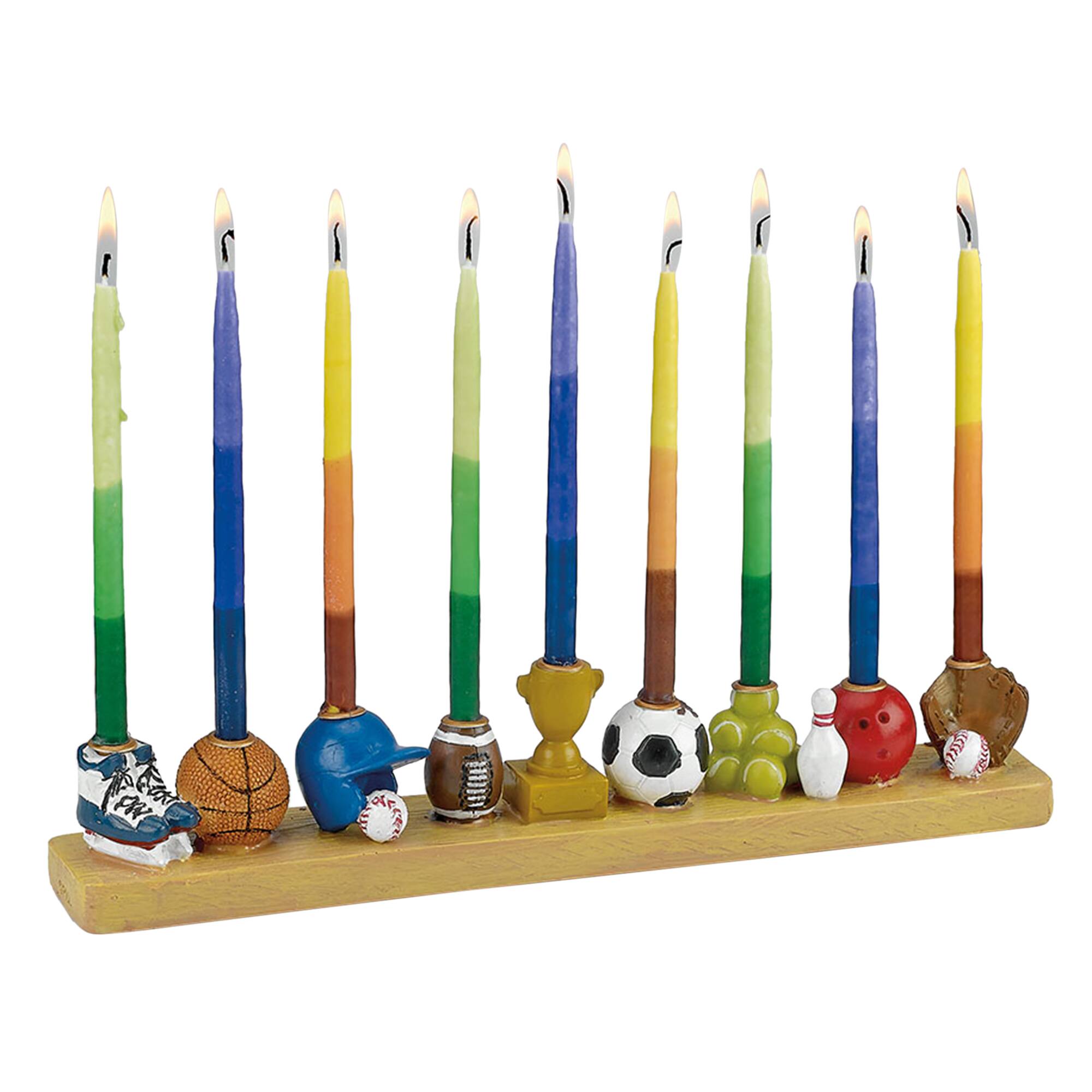 Front. Rite Lite - 12.25" Blue and Brown Sports Hand Painted Hanukkah Menorah - Blue.