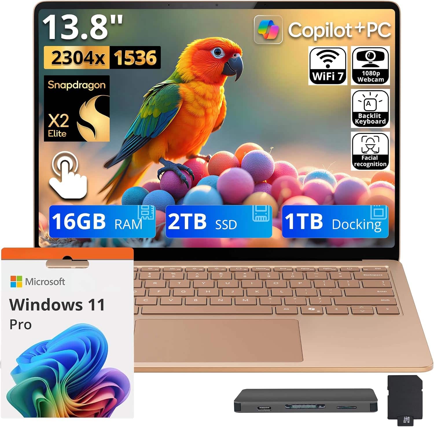 13.8" 2304x1536 Snapdragon X2 Elite Copilot + PC WiFi 7 1080p Webcam Backlit Keyboard Facial recognition 16GB RAM 2TB SSD 1TB Docking Microsoft Windows 11 Pro