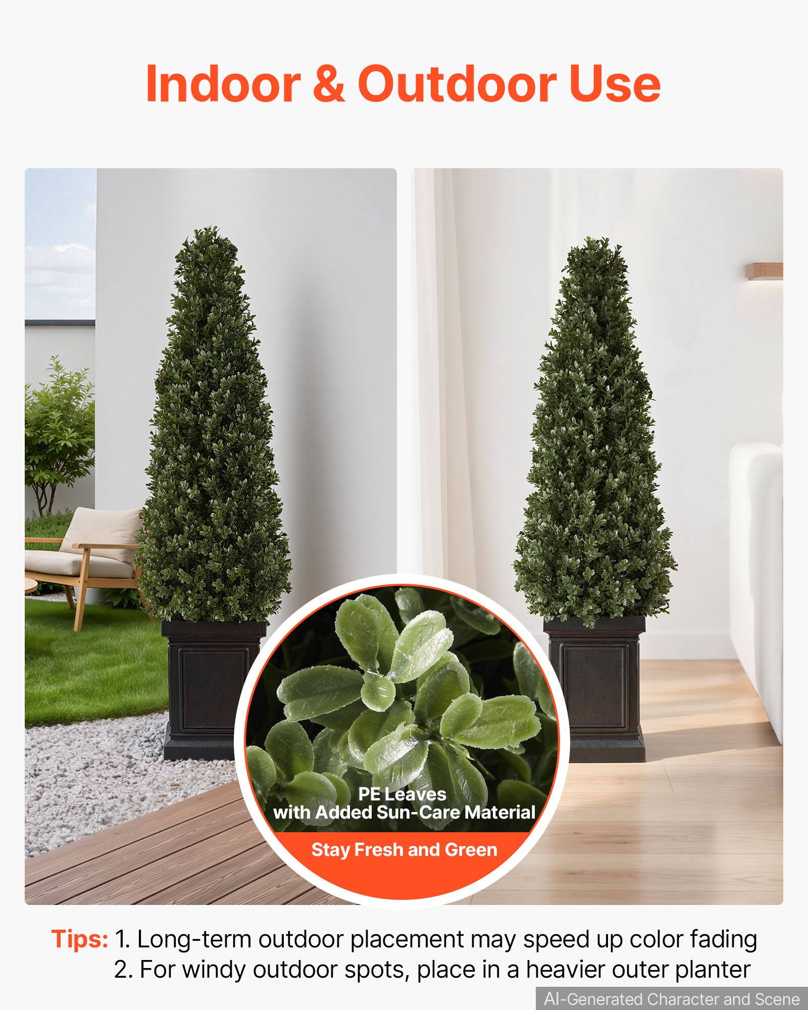 Indoor & Outdoor Use

PE Leaves with Added Sun-Care Material
Stay Fresh and Green

Tips:
1. Long-term outdoor placement may speed up color fading
2. For windy outdoor spots, place in a heavier outer planter

AI-Generated Character and Scene