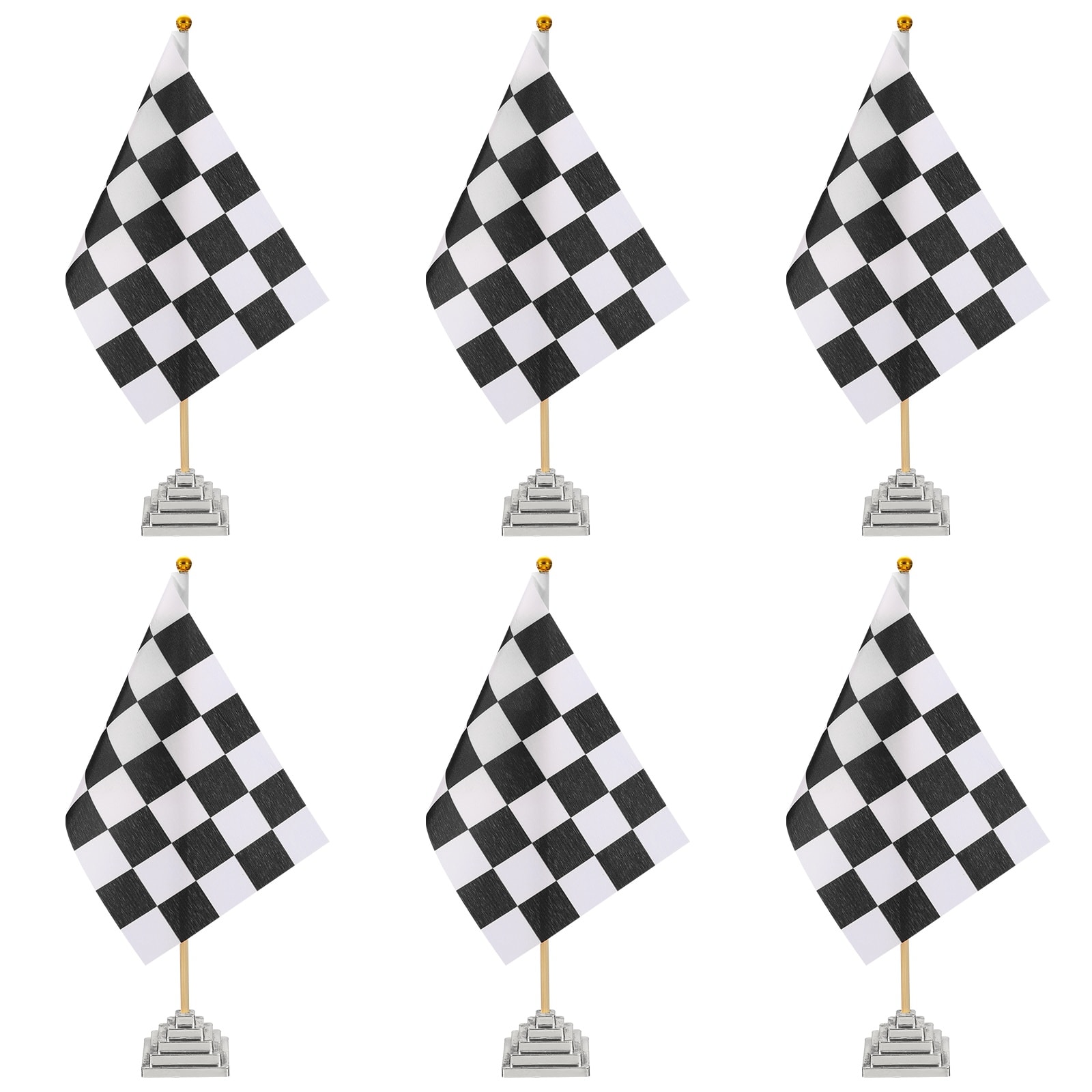 Unique Bargains - 6pcs 12" B/W Checkered Table Flag for Racing/Sport Party, Bamboo Stick & Silver Square Base - Black and White Flag, Silver Base