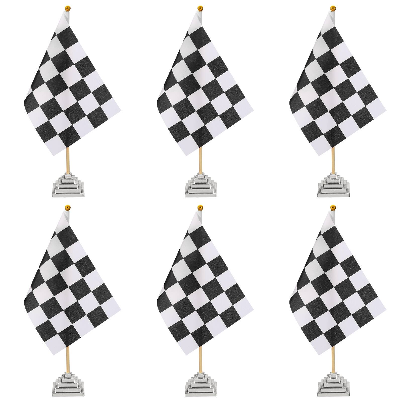 Front. Unique Bargains - 6pcs 12" B/W Checkered Table Flag for Racing/Sport Party, Bamboo Stick & Silver Square Base - Black and White Flag, Silver Base.